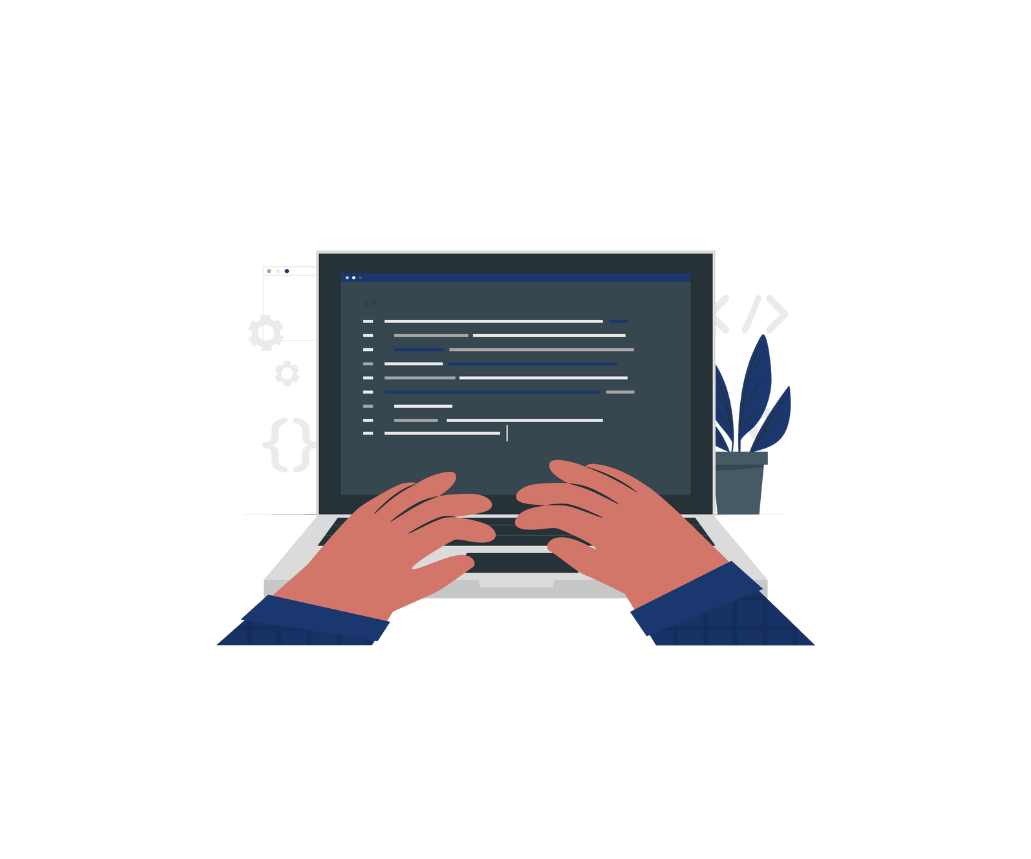 Developer typing code on laptop with programming interface displayed on screen