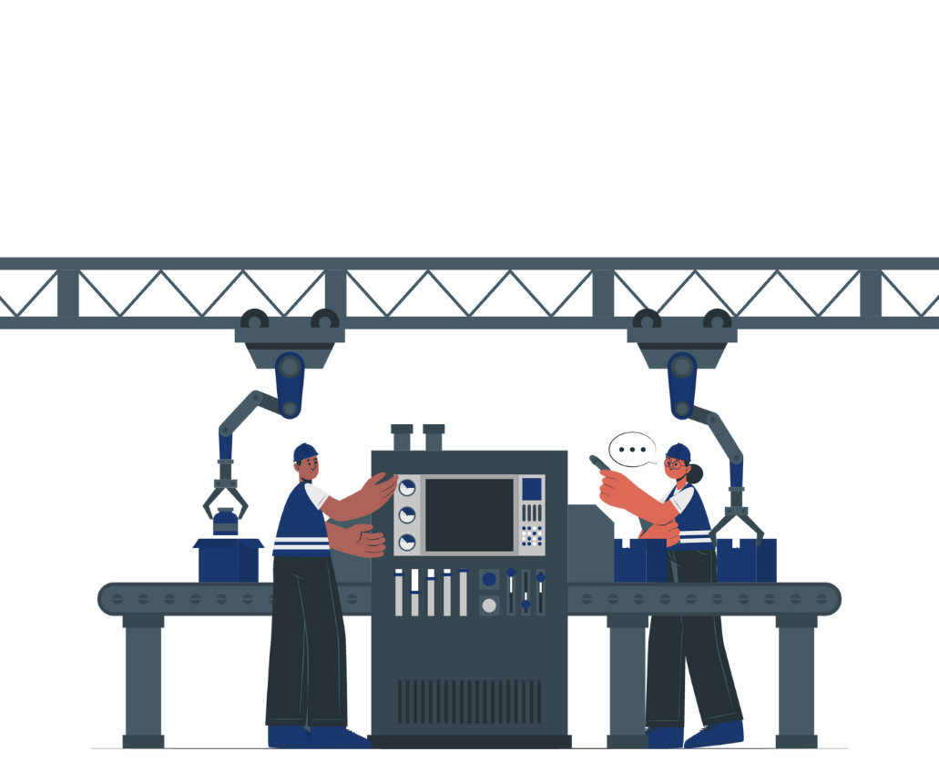 Two workers operating machinery on factory assembly line under metal framework