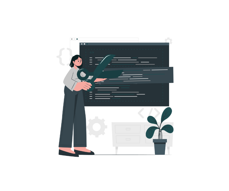 Woman pointing at code on dark screens with checkmark and plant nearby