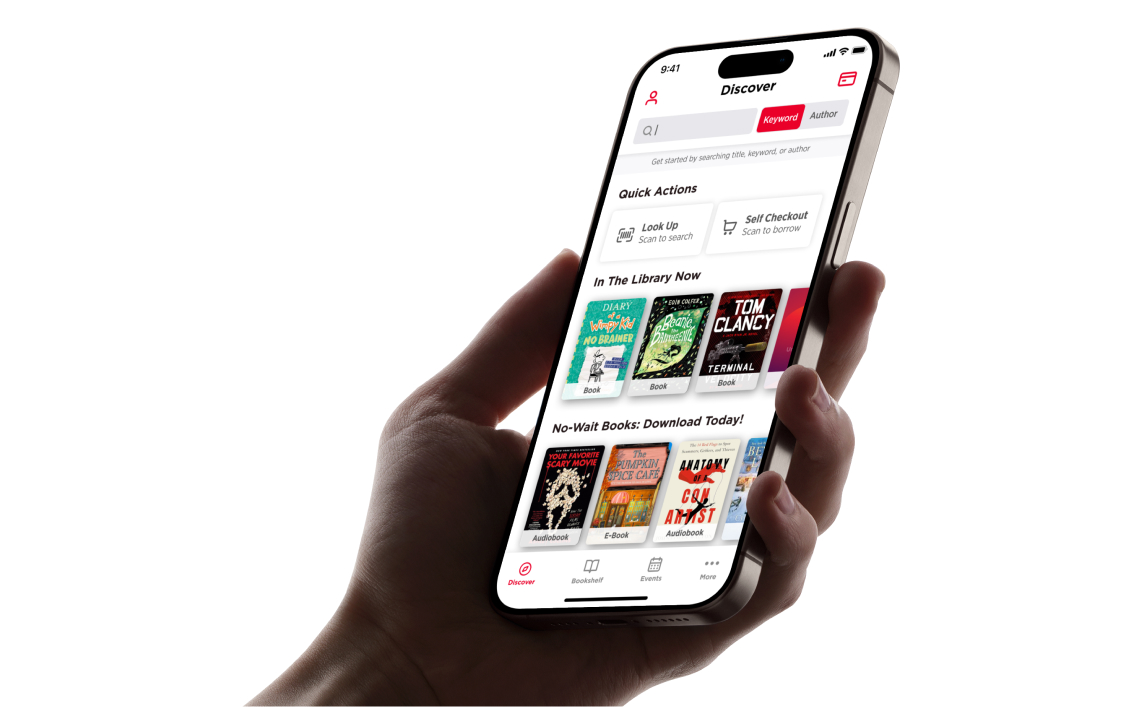 Hand holding smartphone displaying library app with book discovery, quick actions, and available titles.