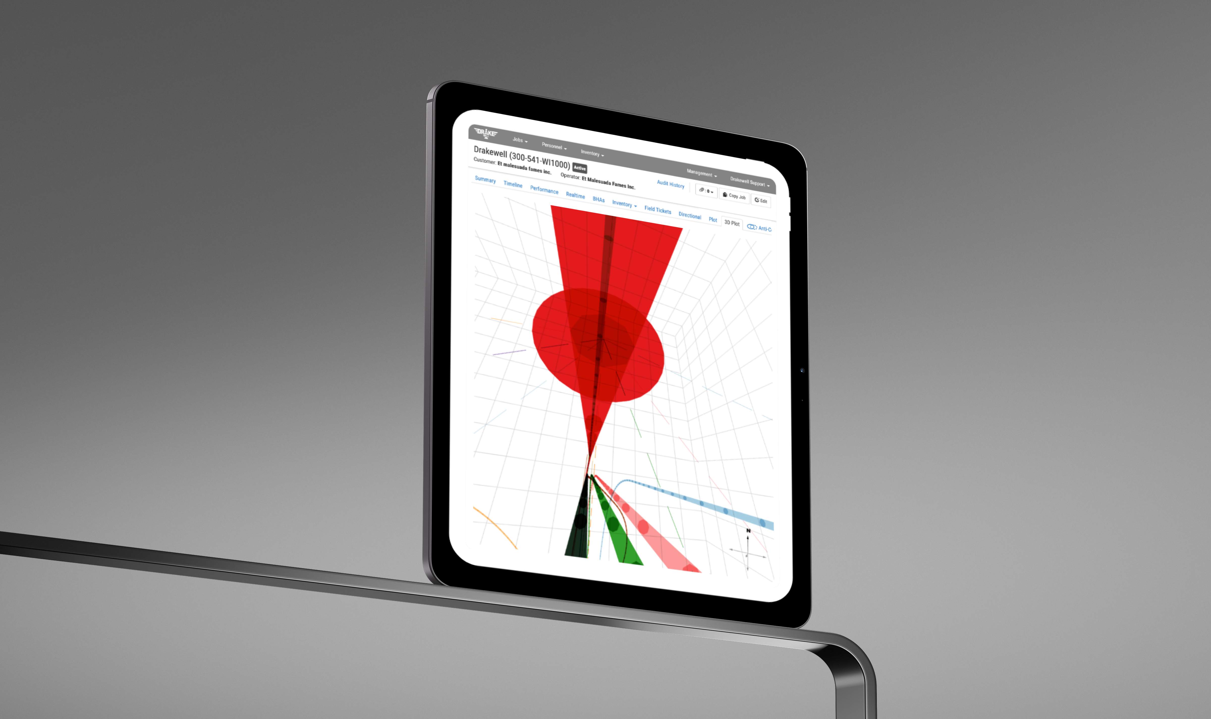 Tablet displaying Drakewell financial data with red 3D visualization chart and analytics interface