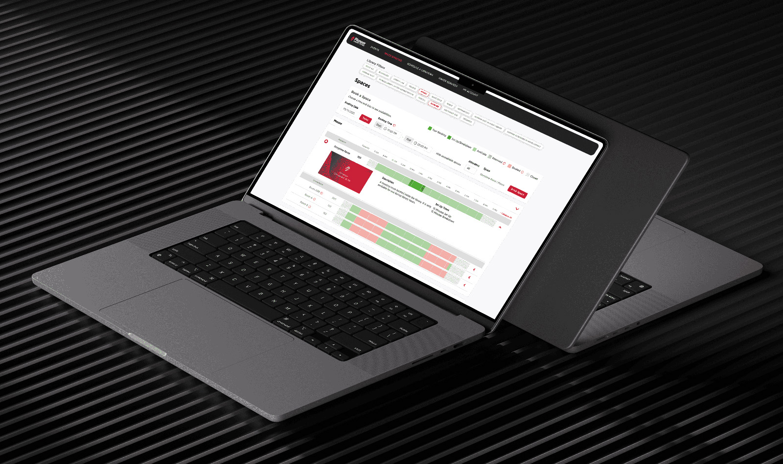 Laptop displaying business analytics dashboard with red and green data charts and metrics