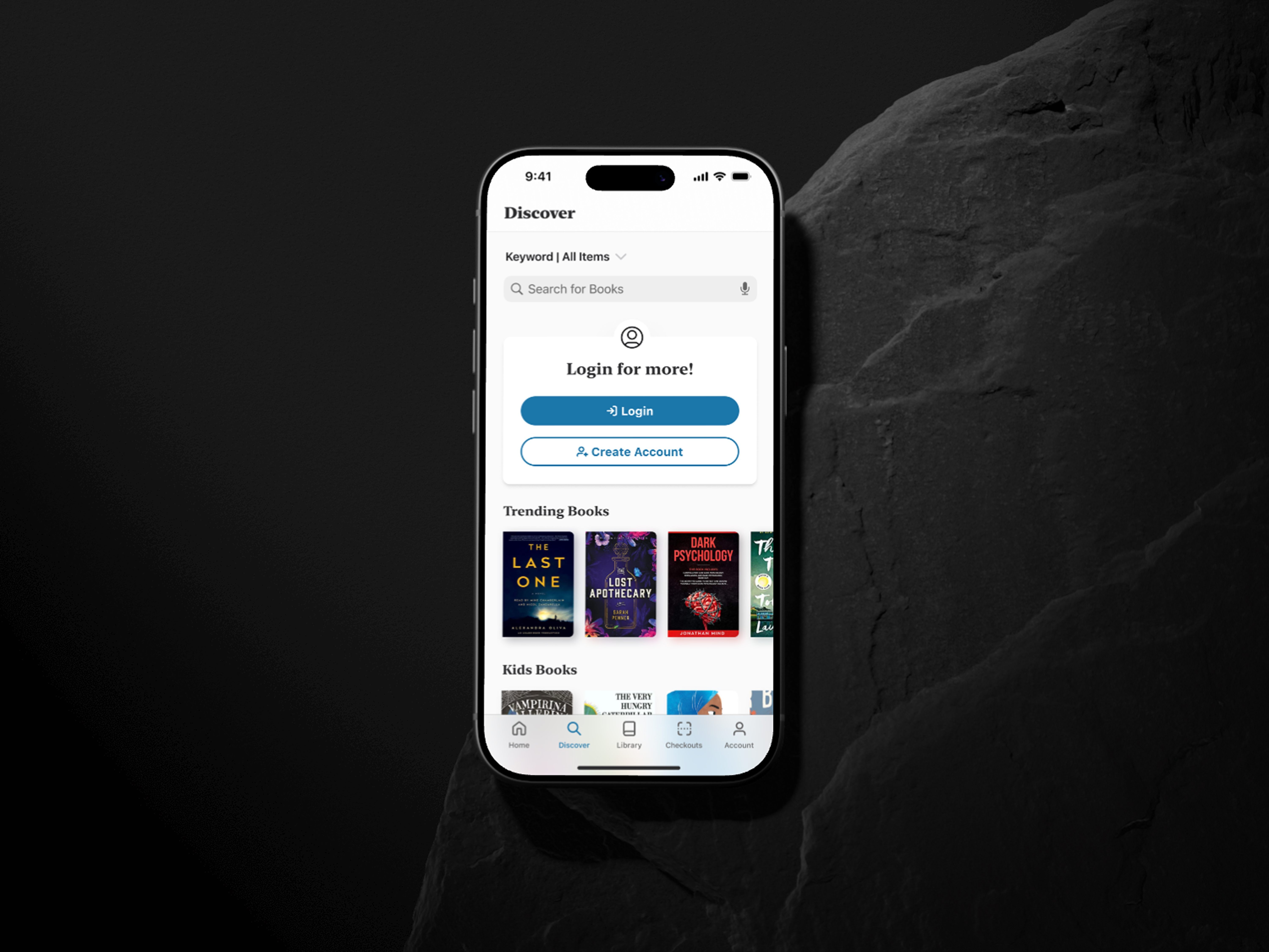 Book discovery app interface showing login prompt, trending books, and kids books sections.