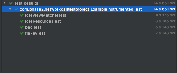 Test Results showing com.phase2.networkcalltestproject test suite with four passing tests and execution times.