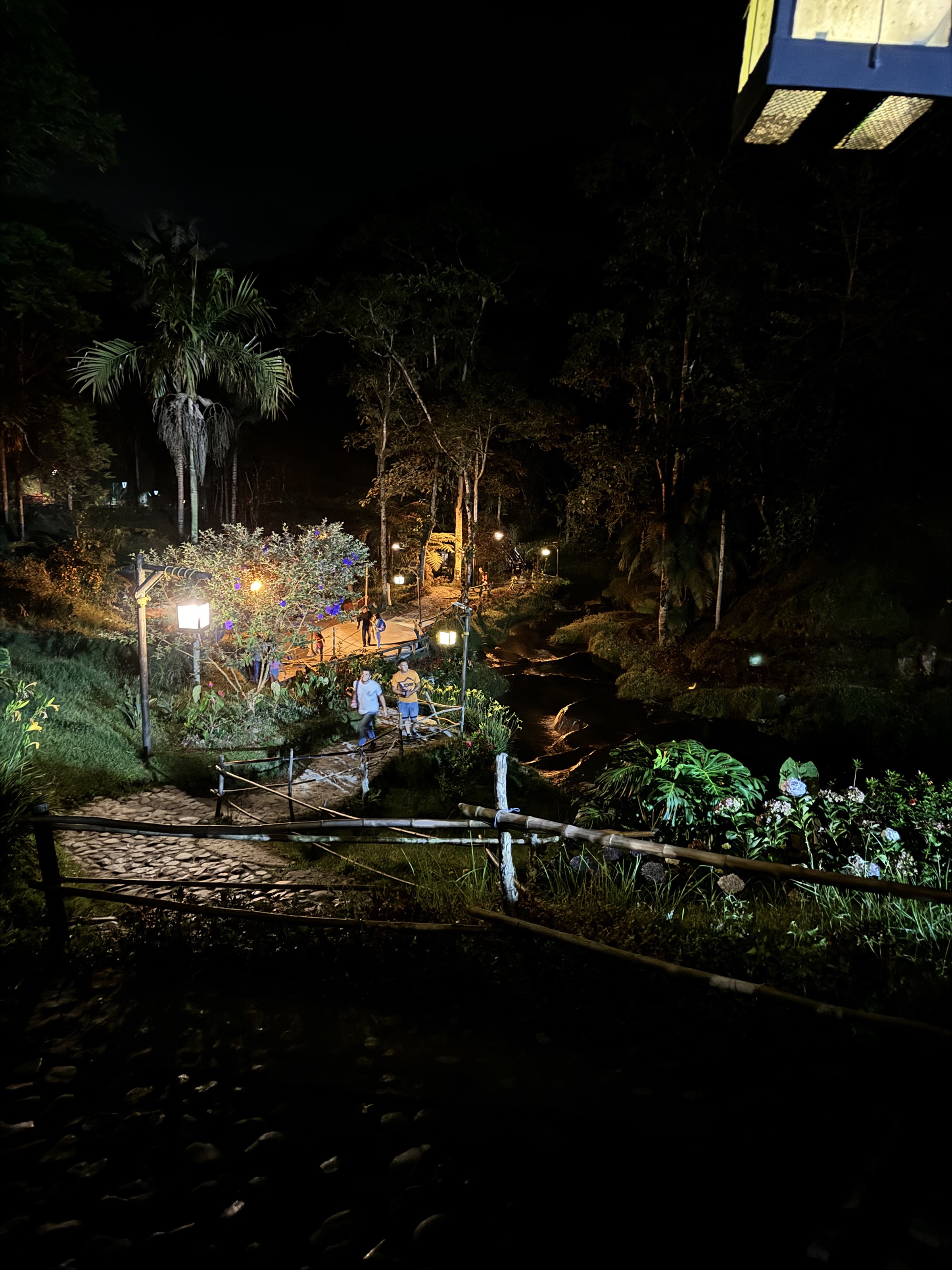 Nighttime park scene with lit pathways, walking people, trees, and a stream.