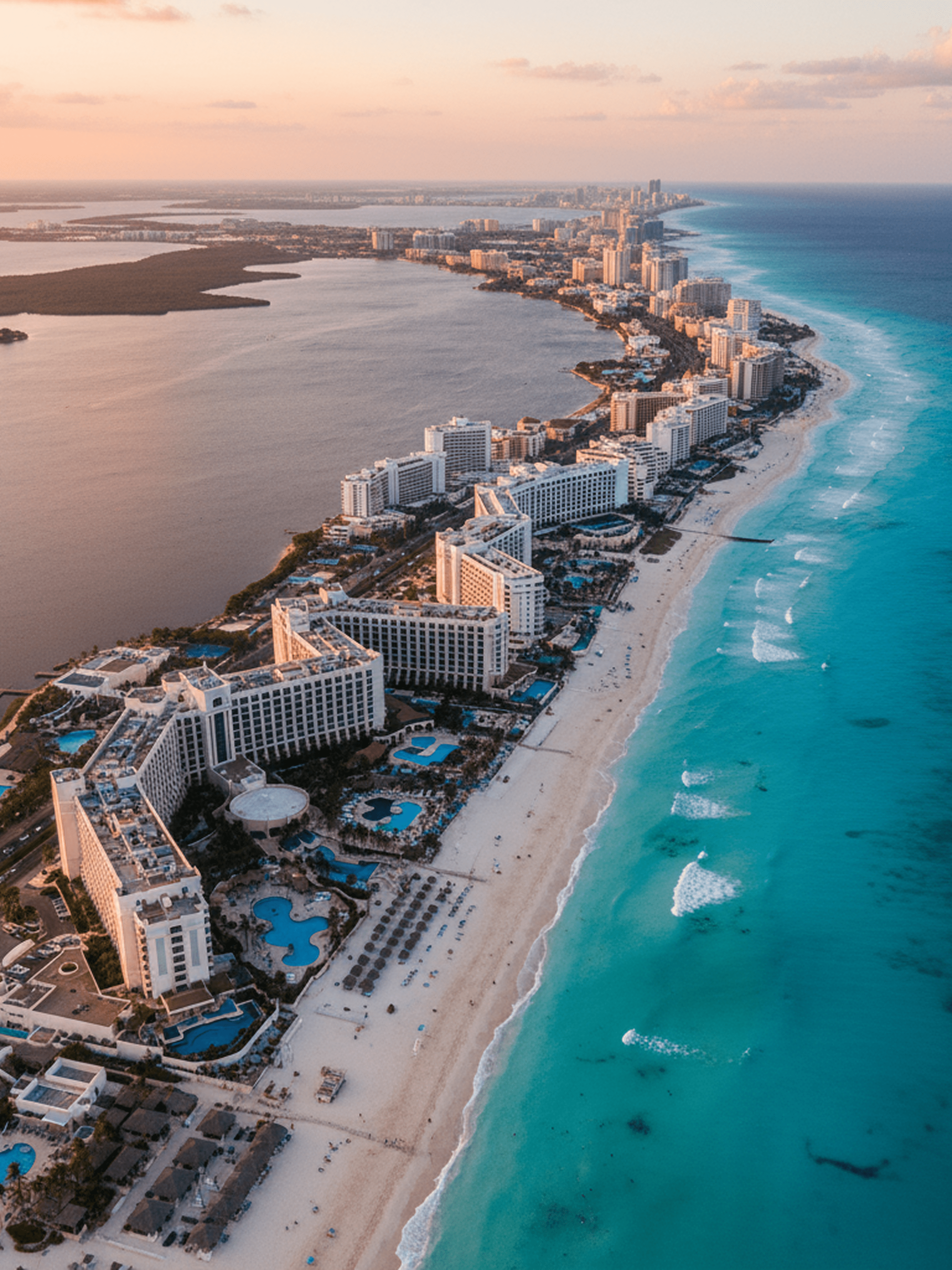 Aerial view of a coastline with turquoise ocean, sandy beach, and a row of beachfront hotels and resorts at sunset.