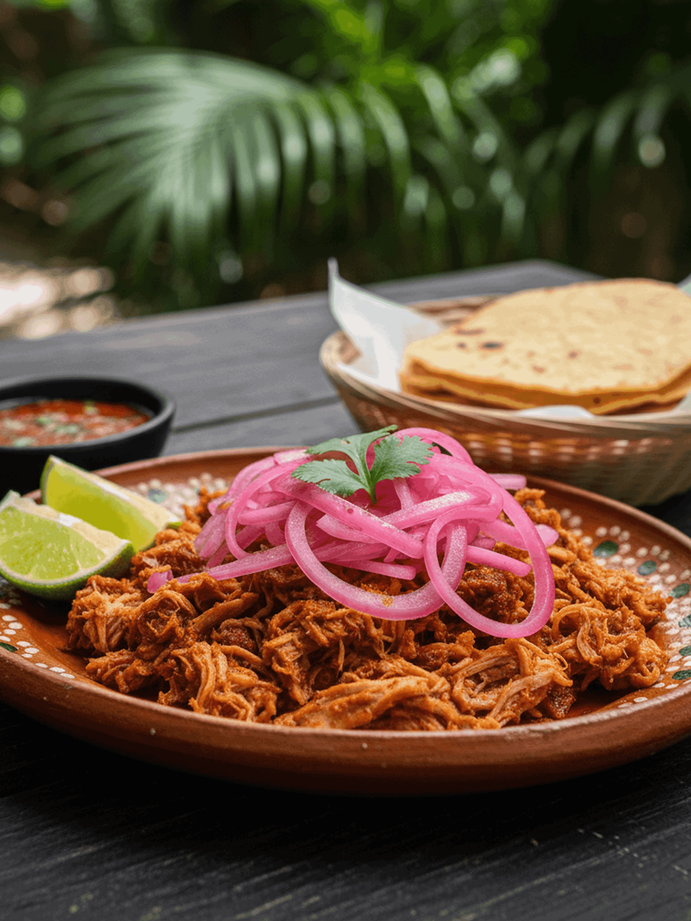 Plate of shredded meat topped with pickled red onions and cilantro, served with lime wedges, tortillas, and salsa in the background.