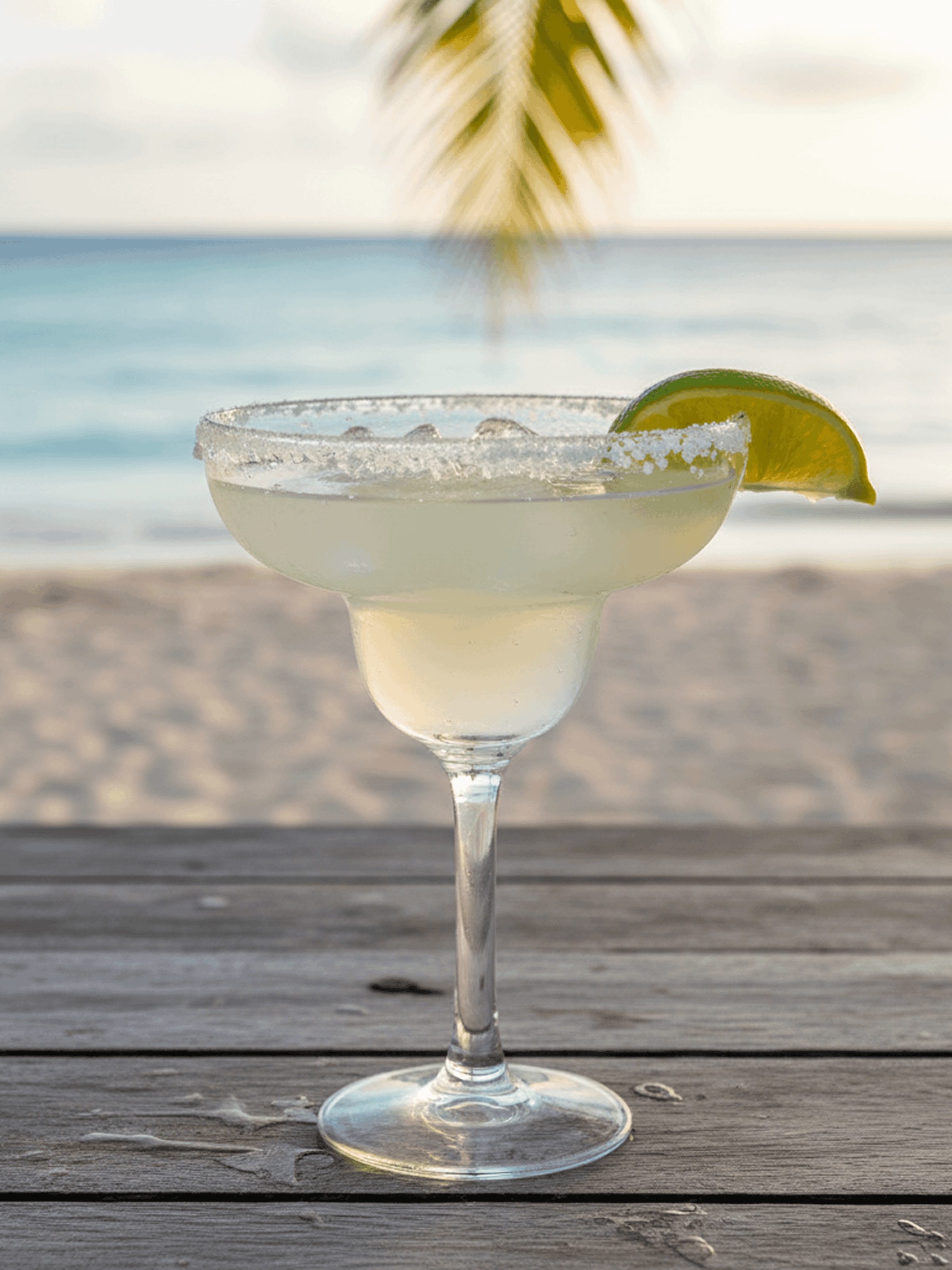 Margarita cocktail with a salted rim and lime wedge on a wooden table at the beach.