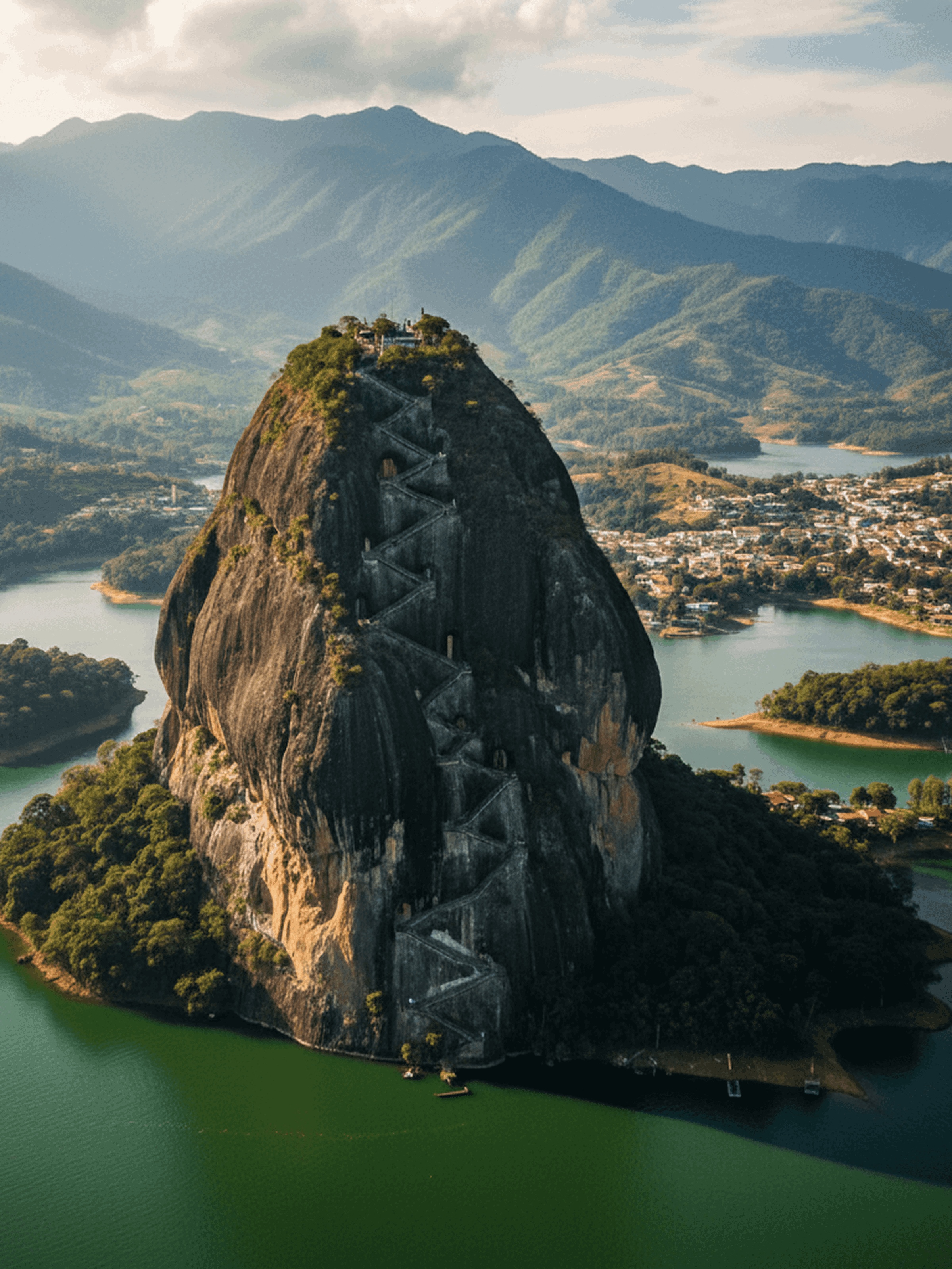 Large rocky hill with zigzag staircase leading to a small structure on top, surrounded by green water and mountains in the background.