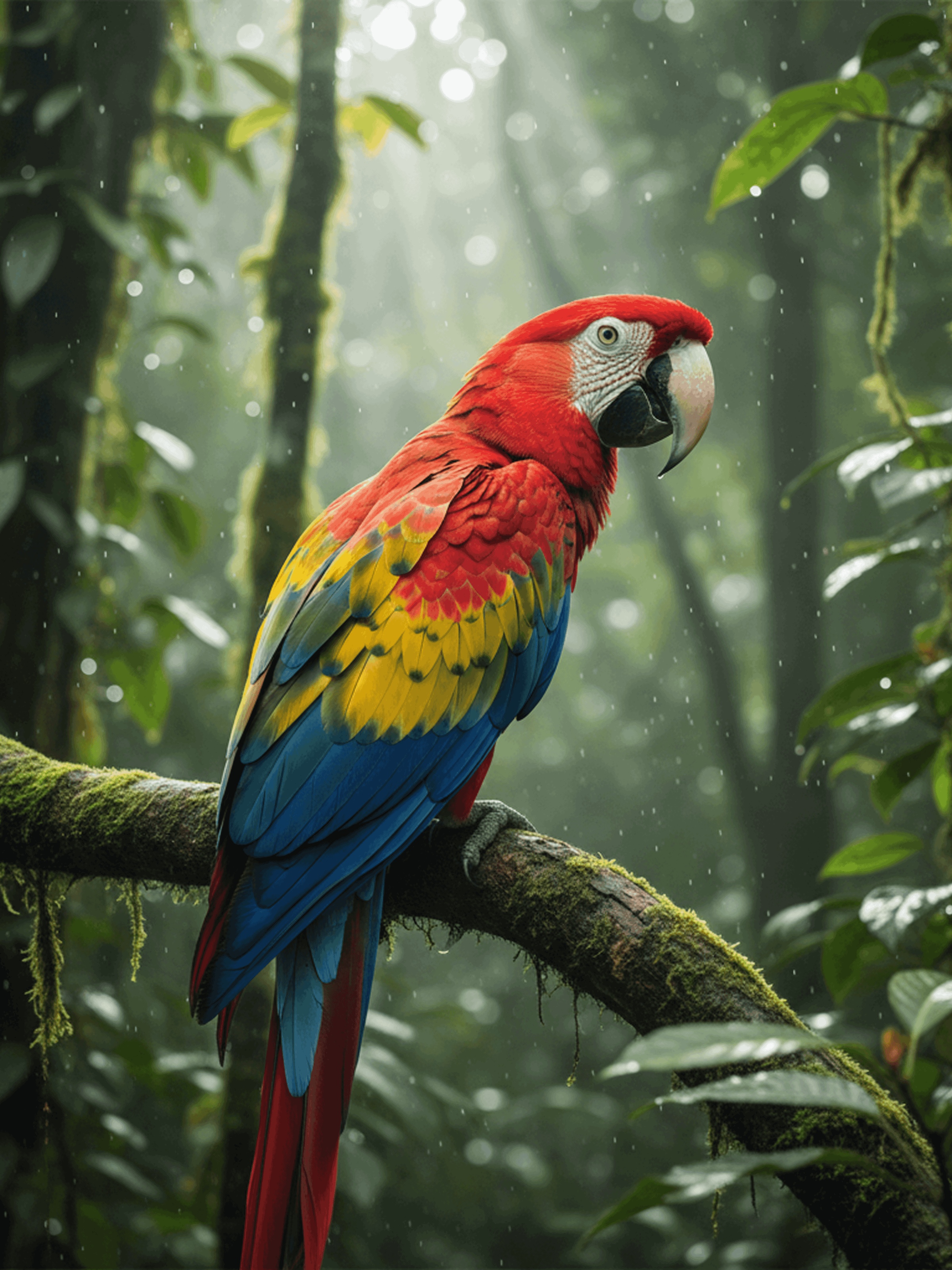 Colorful scarlet macaw with red, yellow, and blue feathers perched on a moss-covered branch in a rainy forest.