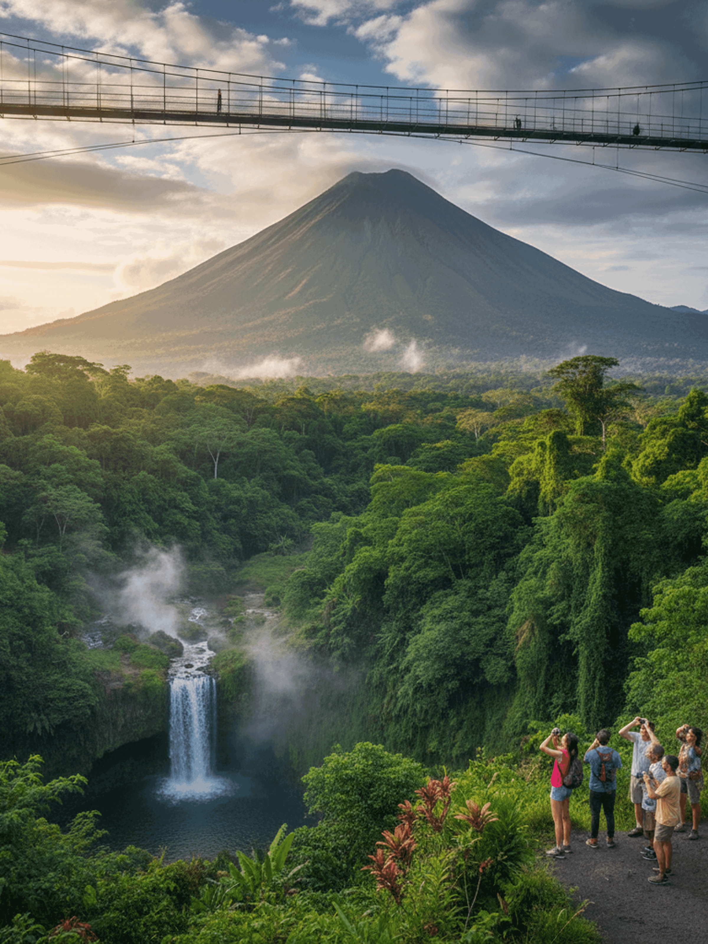 Group of tourists taking photos near a lush waterfall with a misty volcano and suspension bridge in the background.