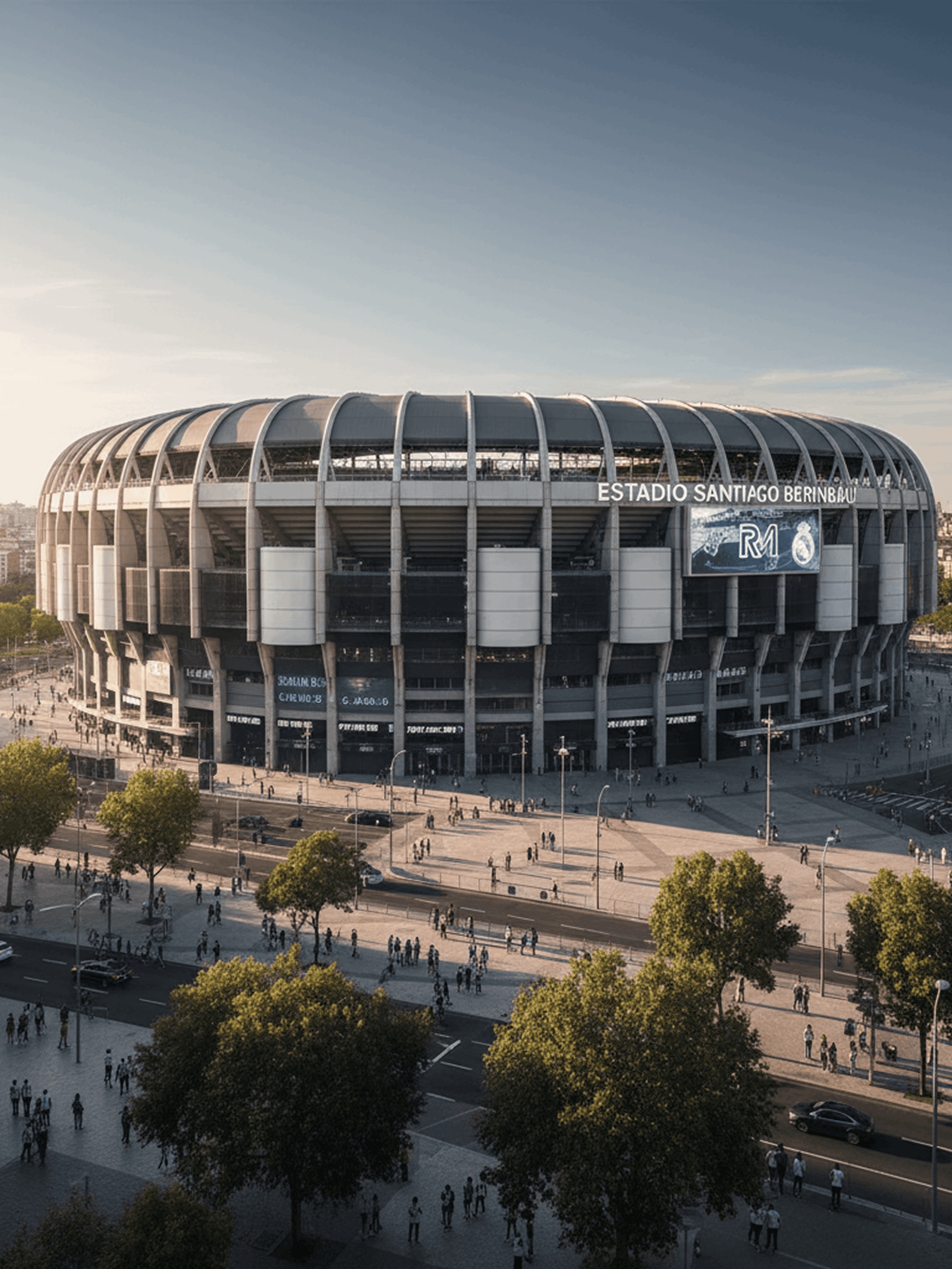 Estadio Santiago Bernabéu soccer stadium exterior with crowds and trees in the surrounding plaza.