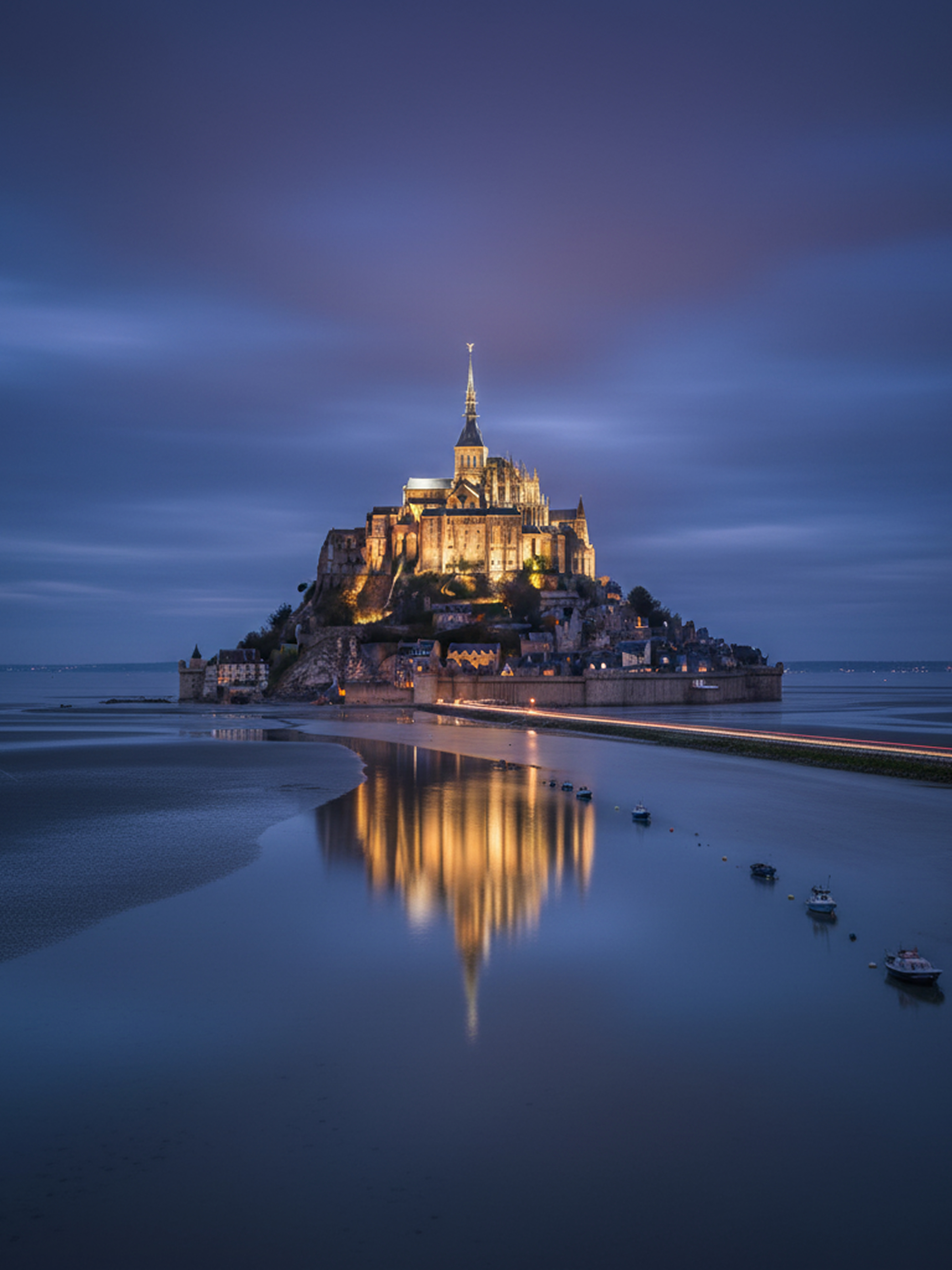 Mont Saint-Michel illuminated at dusk with its golden reflection on the calm water.