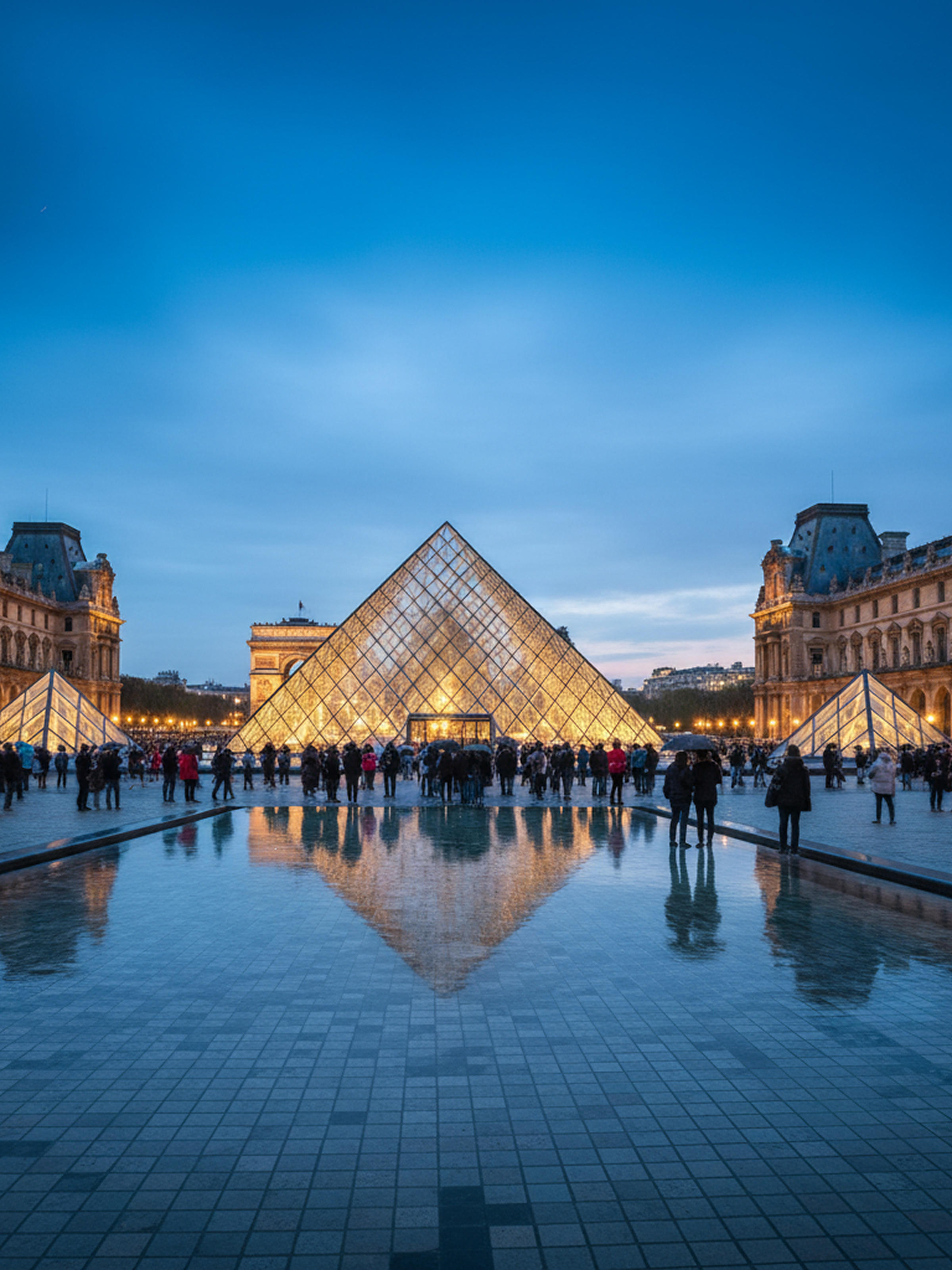 Evening view of the illuminated glass pyramid entrance of the Louvre Museum with people and its reflection in the water.