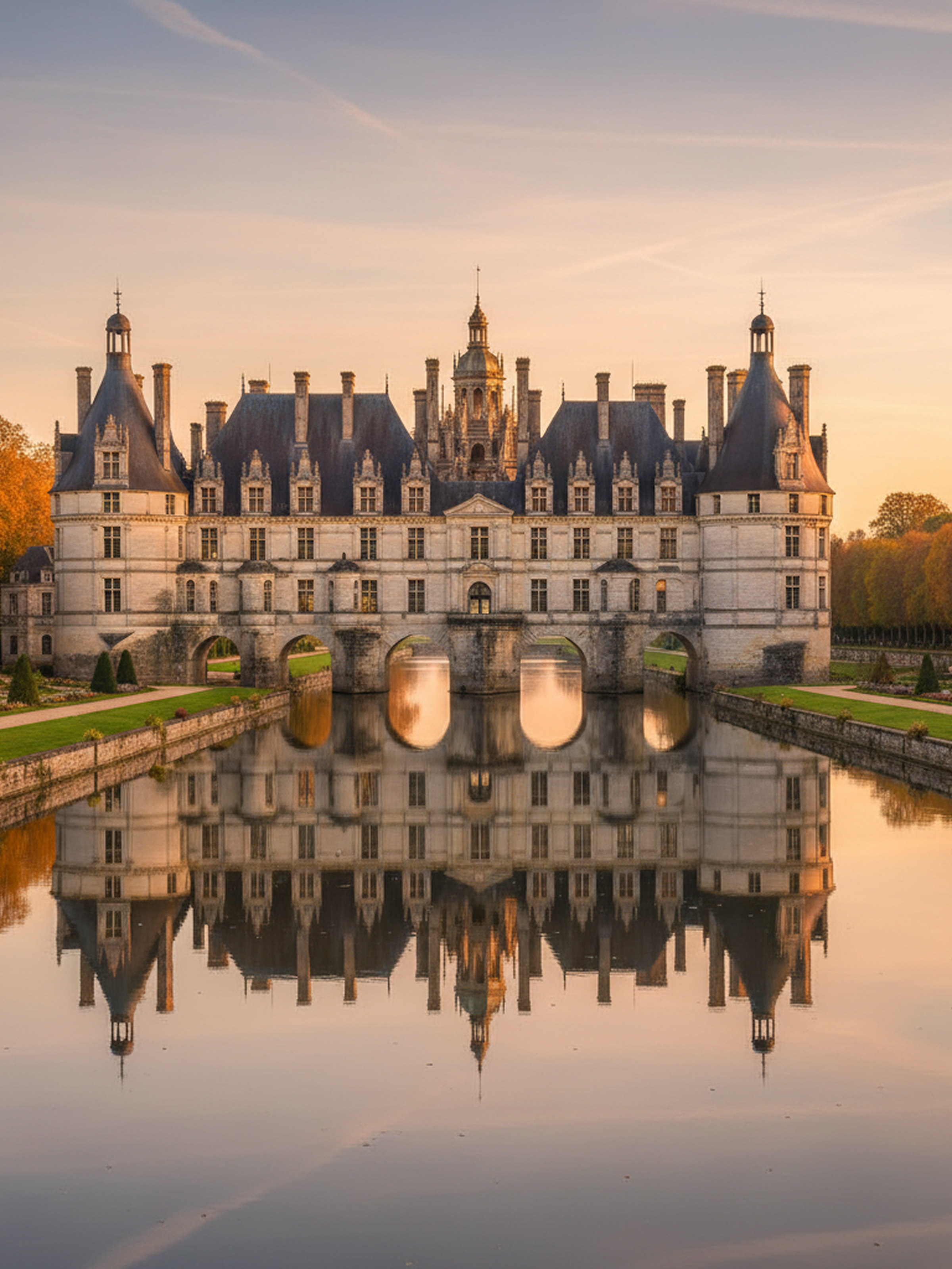 Historic stone chateau with towers reflected in calm water under a pastel sunset sky.