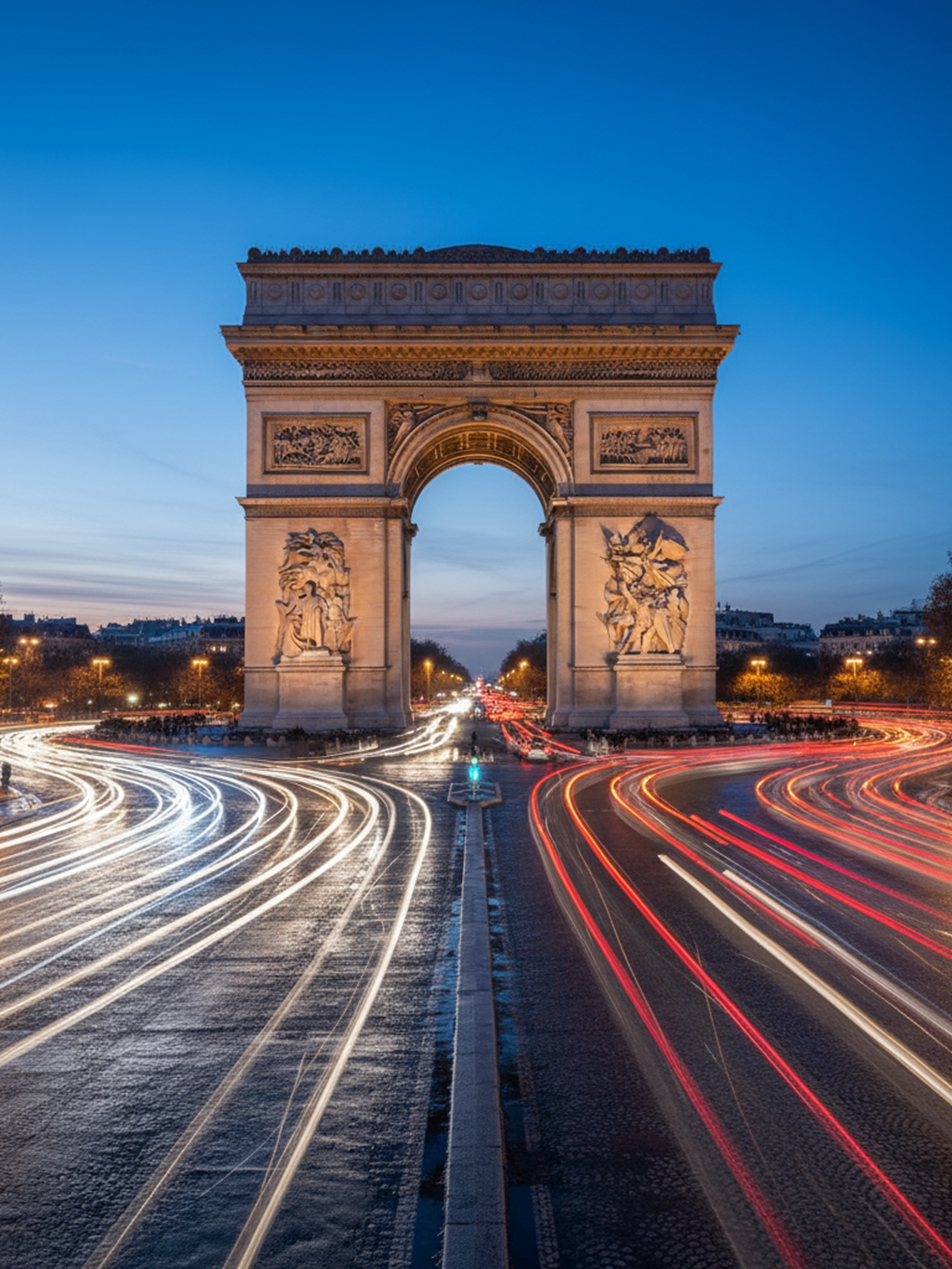 Evening view of the Arc de Triomphe in Paris with light trails from traffic on surrounding streets.