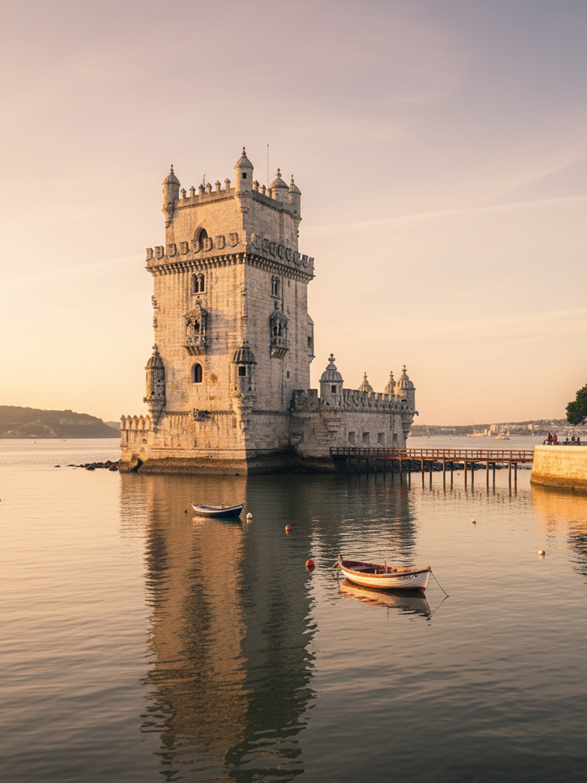 Belem Tower, a historic fortress on the Tagus River in Lisbon, Portugal, with two small boats floating nearby at sunset.
