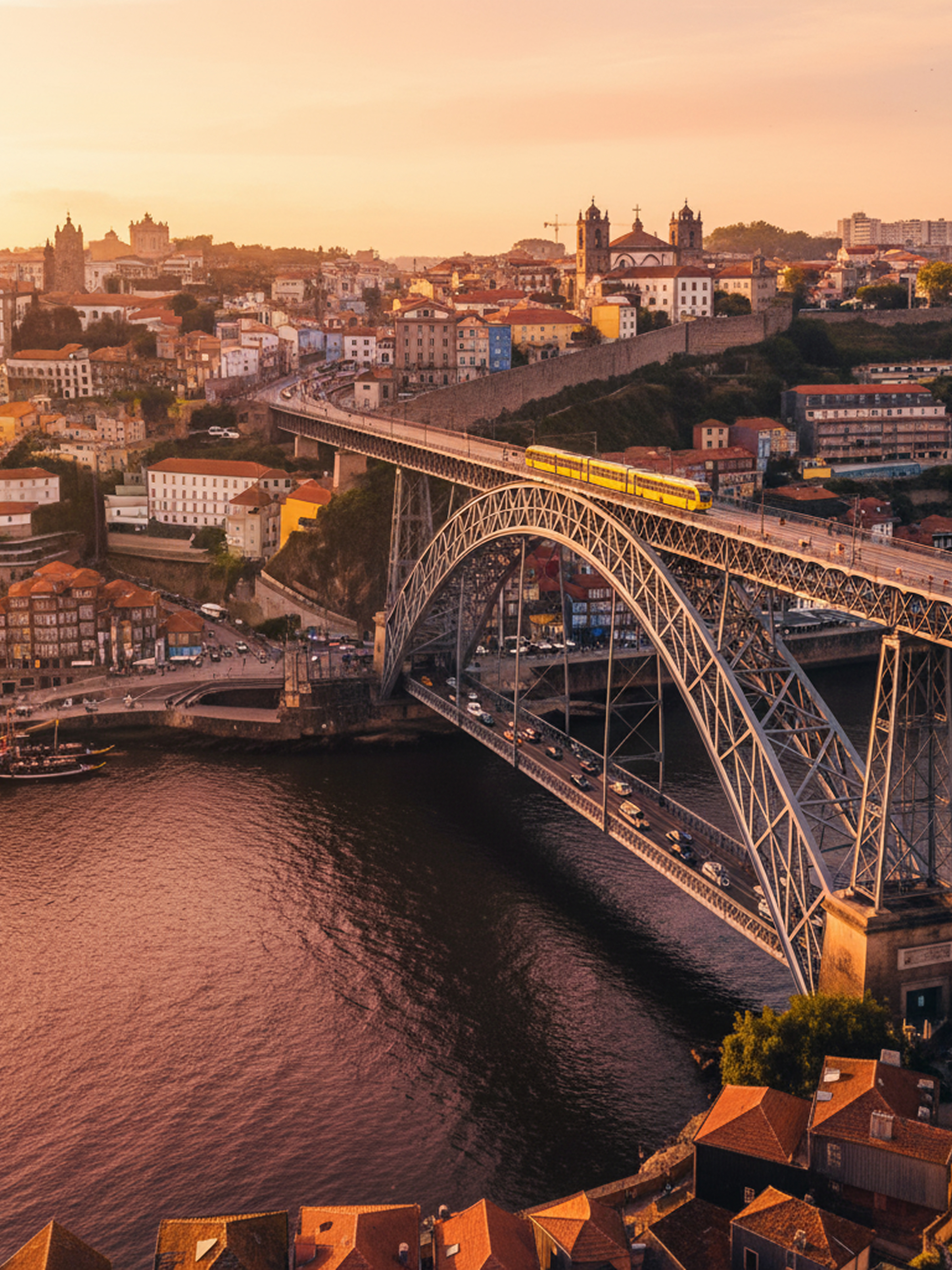 Double-deck metal arch bridge over river at sunset with yellow train on upper deck and cars on lower deck, cityscape in background.