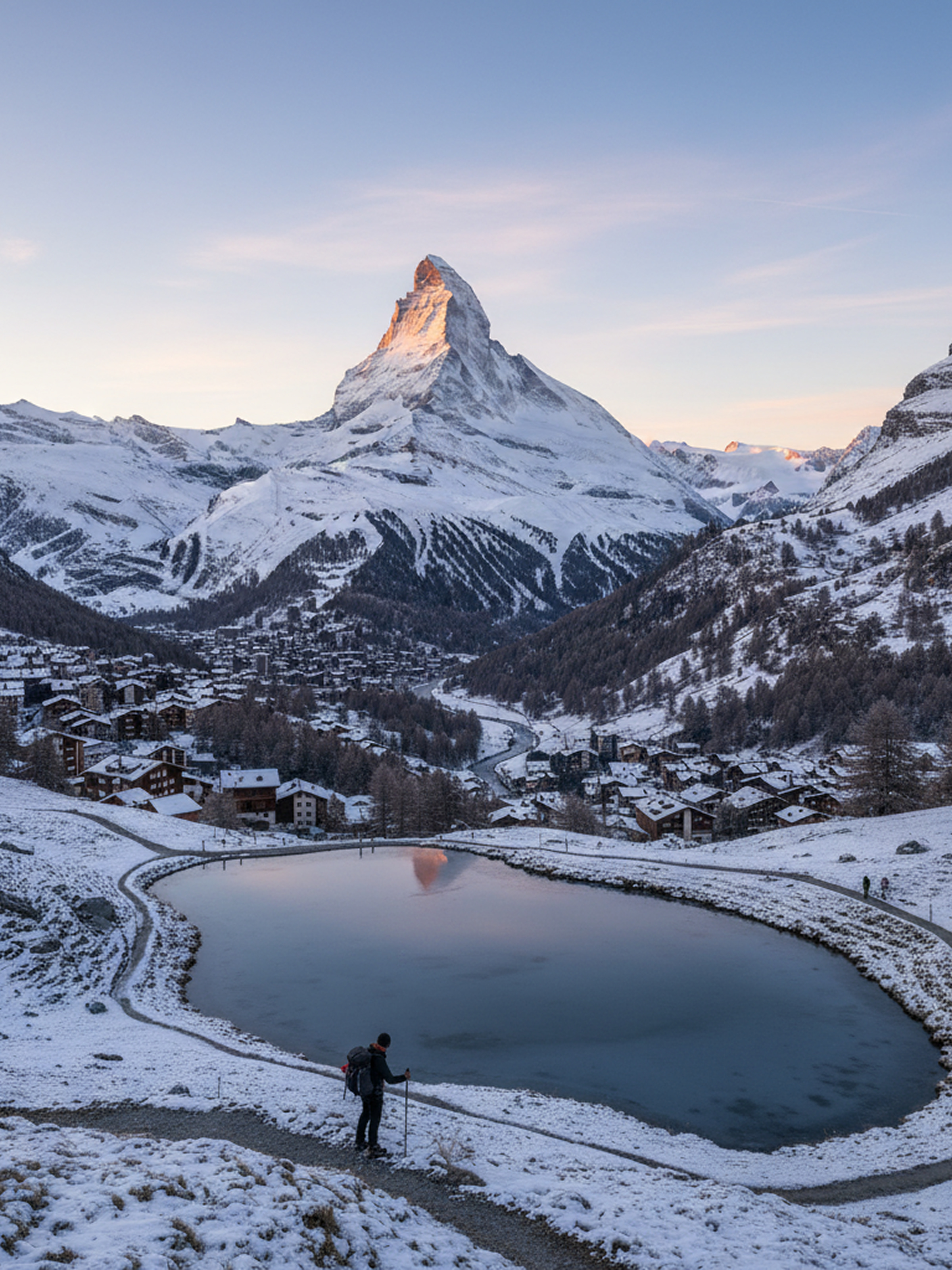 Hiker with trekking poles stands on a snowy path overlooking a frozen lake and a snow-covered mountain village at sunrise.