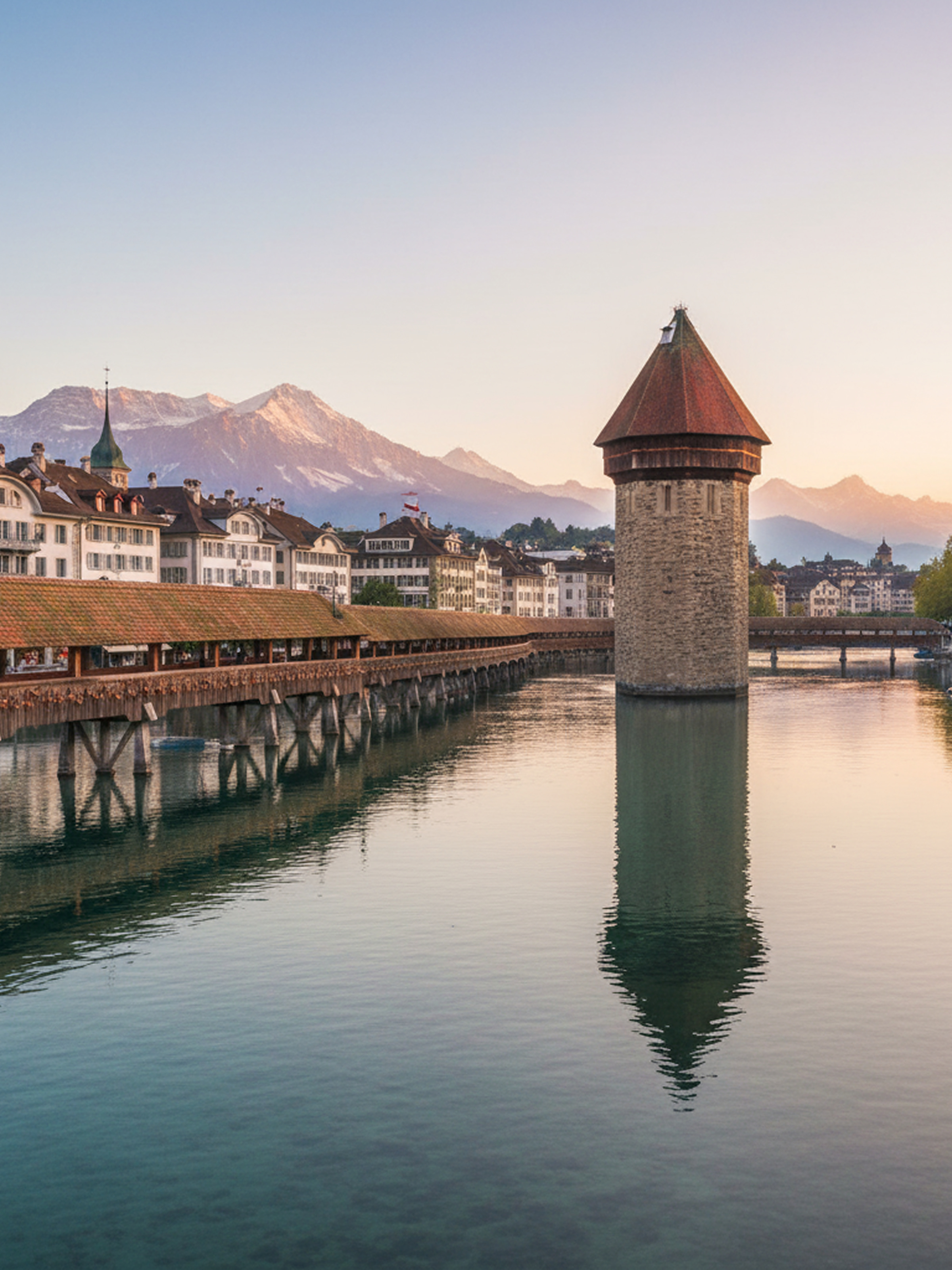 Historic covered wooden bridge over a river with a tall stone tower, alpine mountains in the background at sunset.