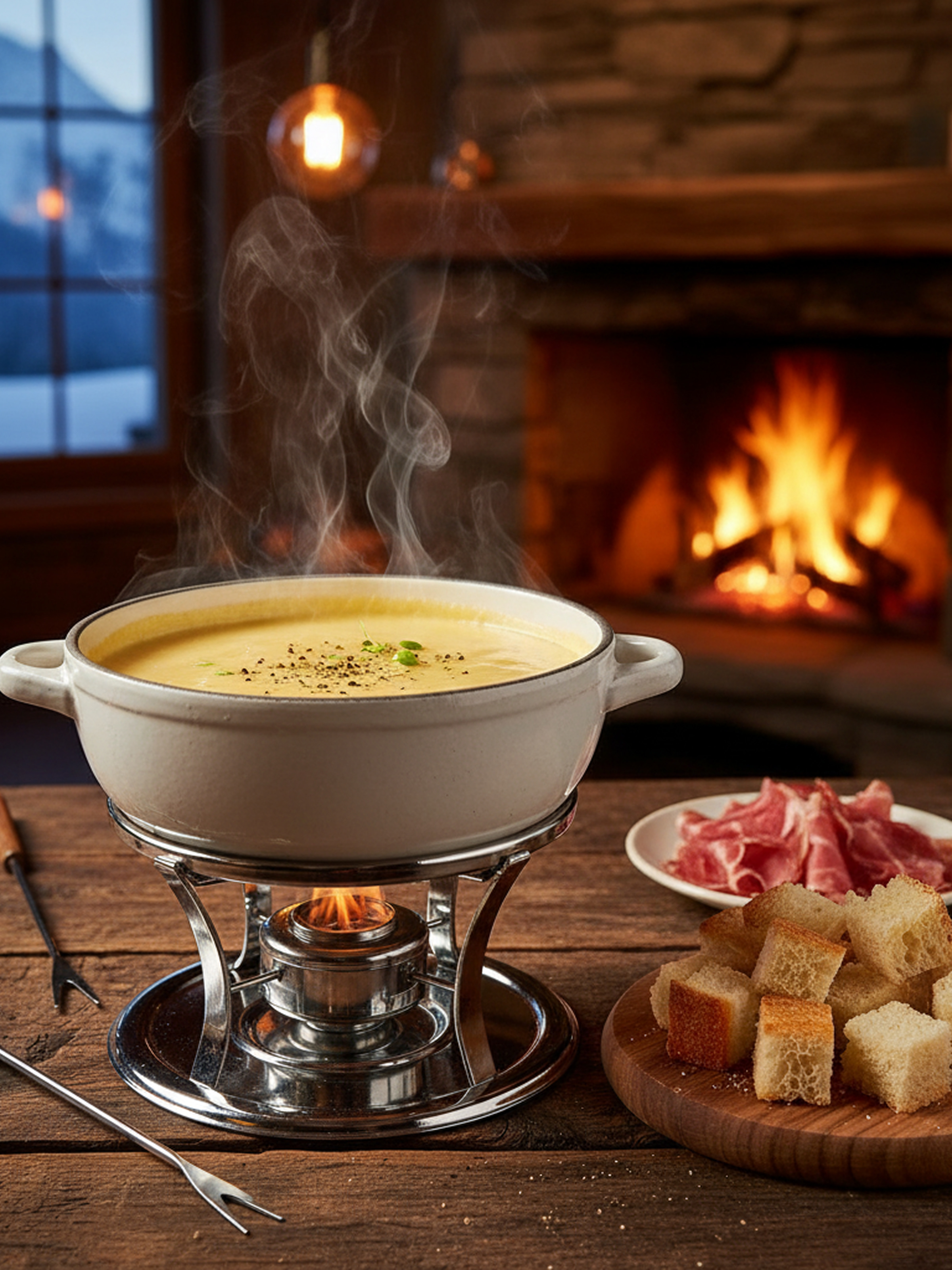 Steaming pot of cheese fondue on a burner with bread cubes and sliced cured meat on a wooden table near a lit fireplace.
