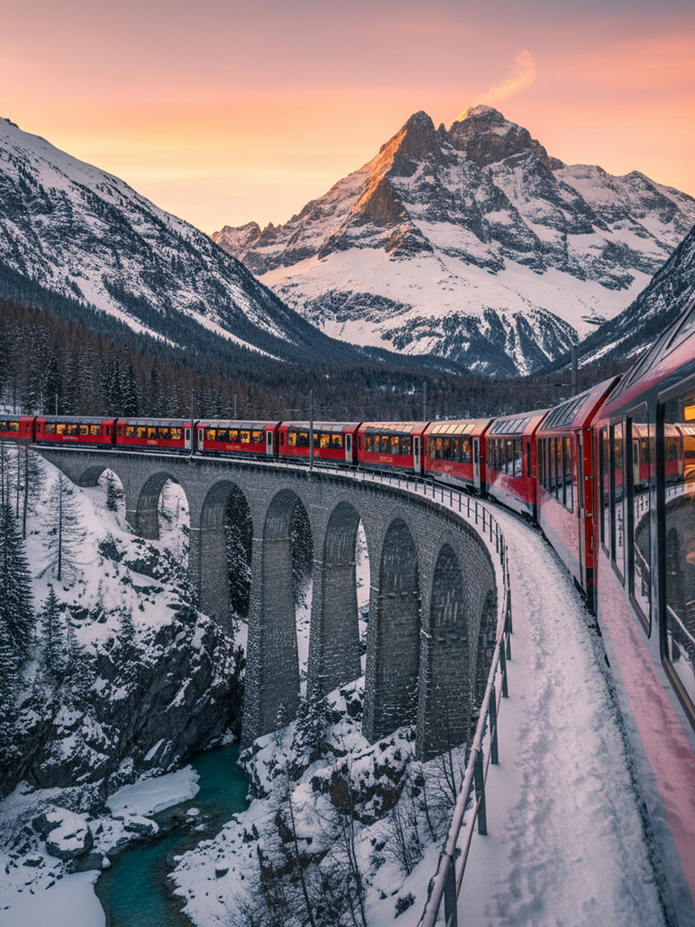 Red passenger train crossing a snow-covered curved stone viaduct with snowy mountains and a pink sunset sky in the background.