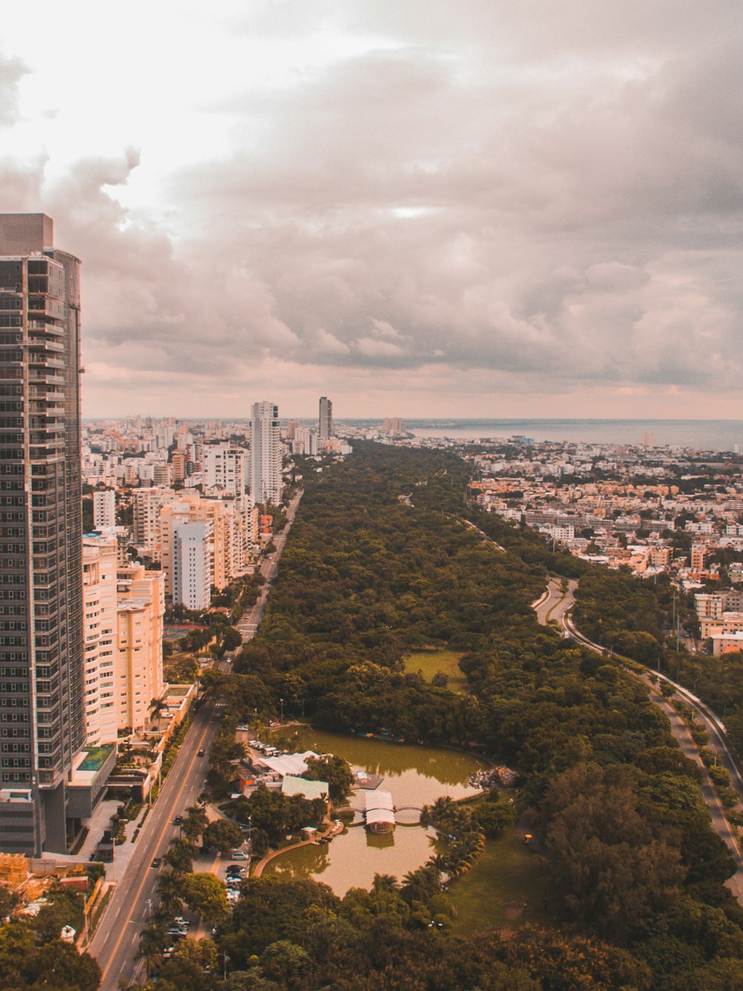 Aerial view of a cityscape with tall buildings on the left, a long green park with trees and a pond in the center, and urban areas stretching to the horizon under a cloudy sky.