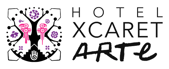 Hotel Xcaret Arte logo featuring stylized pink and purple figures and decorative elements.