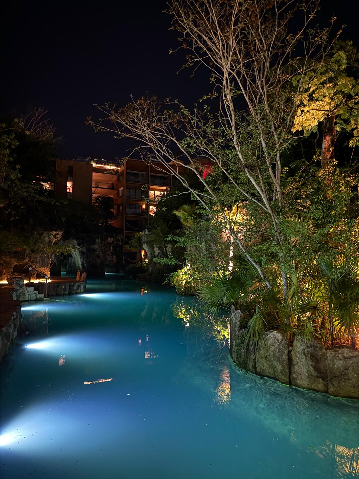 Night view of a softly lit pool surrounded by trees and shrubs with a multi-story building in the background.