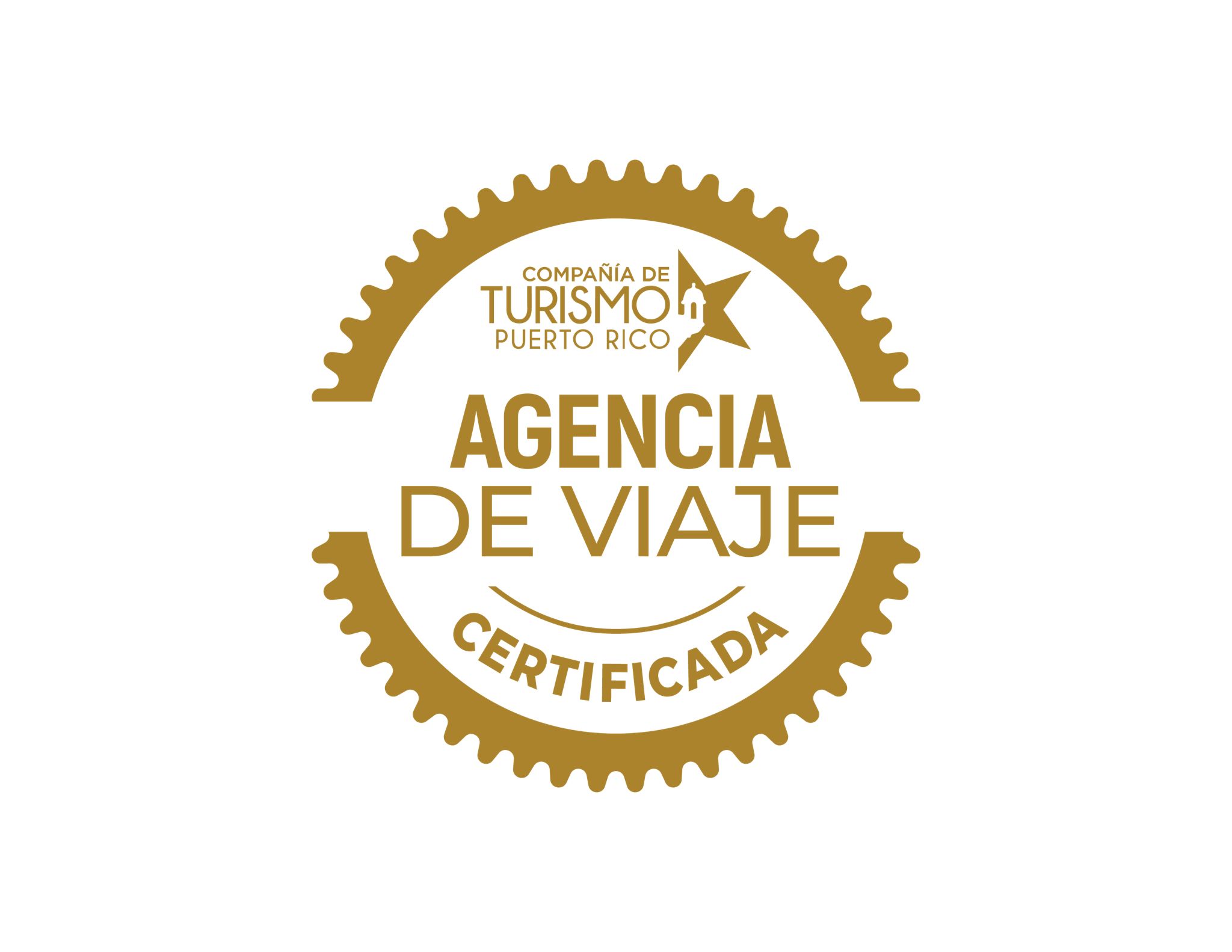 Gold seal with text Certificada Agencia de Viaje by Compañía de Turismo Puerto Rico.