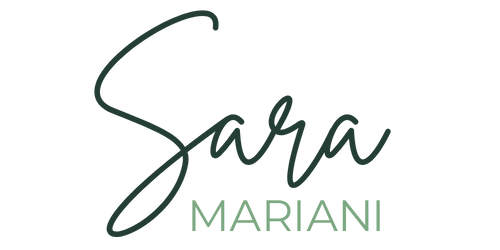 Sara Mariani logo script and block lettering in green on white background