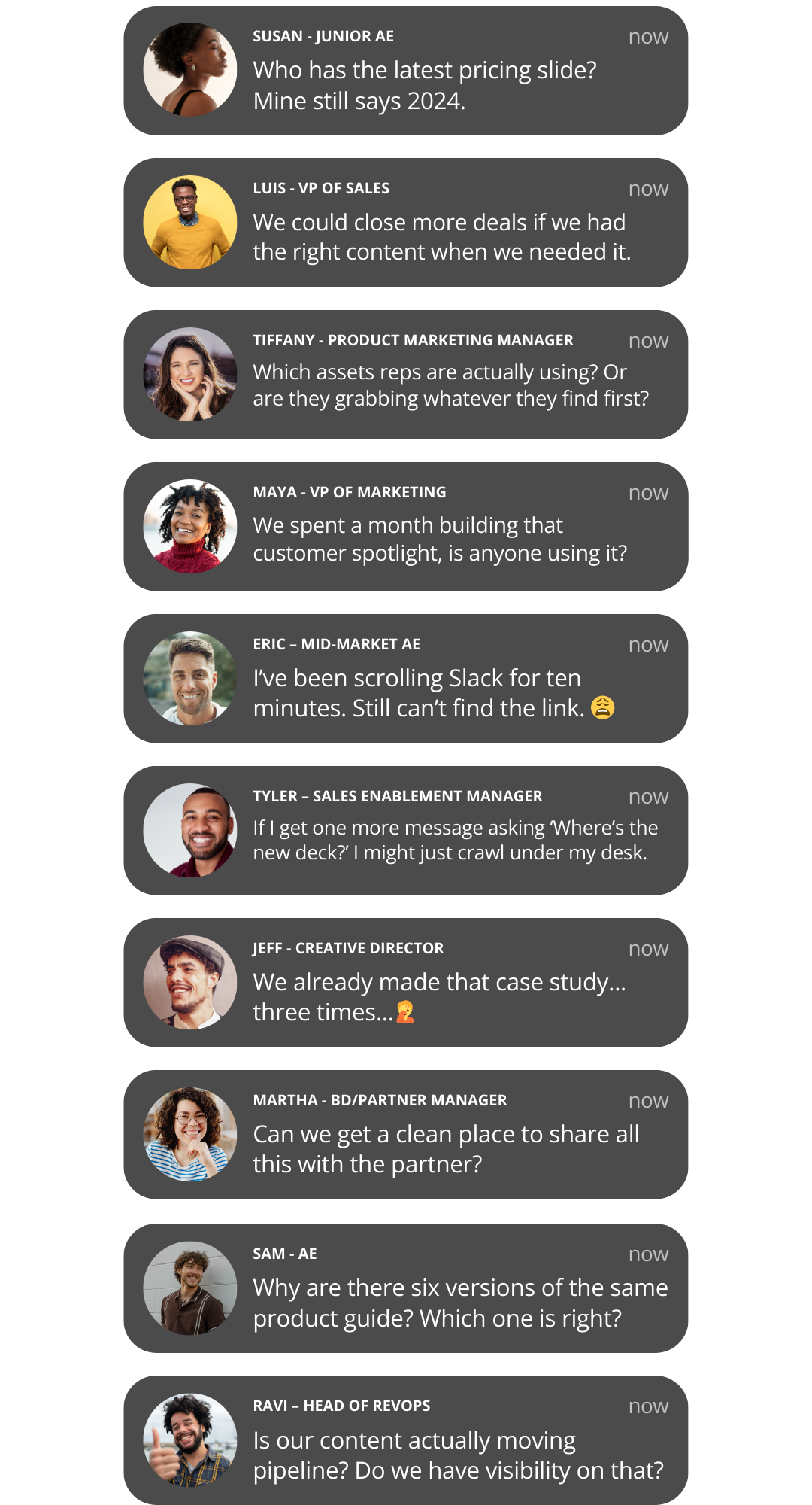 A Slack-style chat showing multiple team members discussing issues with sales materials, content usage, and document versions in a black interface.