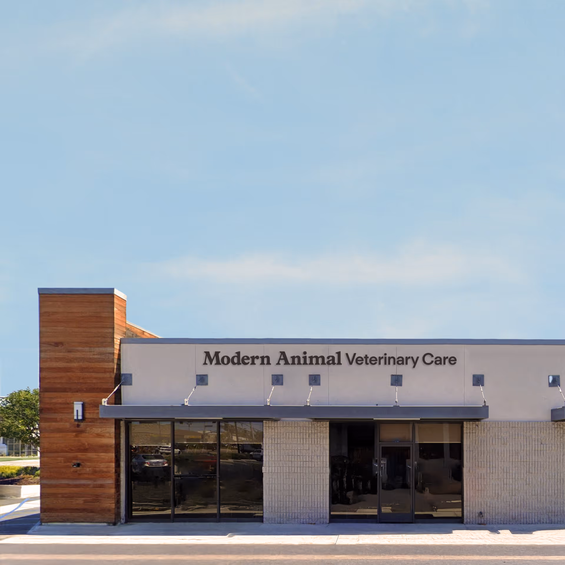 Modern Animal Veterinary Care clinic building with wood and brick facade, large glass doors, and clear blue sky overhead.