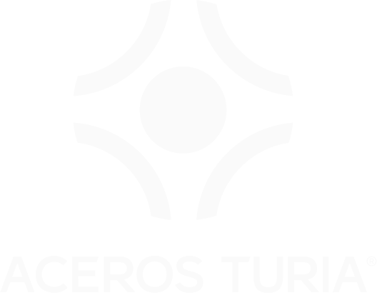 Logo with four curved shapes surrounding a central circle above the text 'ACEROS TURIA'.