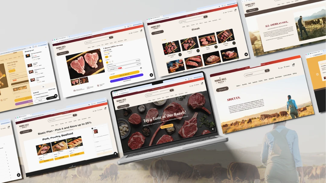 Collage of website screens showcasing Marble Hills Ranch's meat products, recipes, and ranch story with images of steaks, pricing, and a farmer in a field.