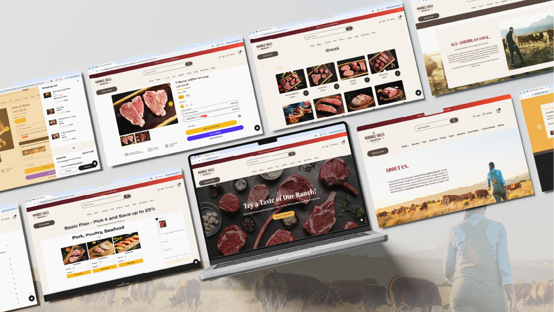Collage of website screens showcasing Marble Hills Ranch's meat products, recipes, and ranch story with images of steaks, pricing, and a farmer in a field.