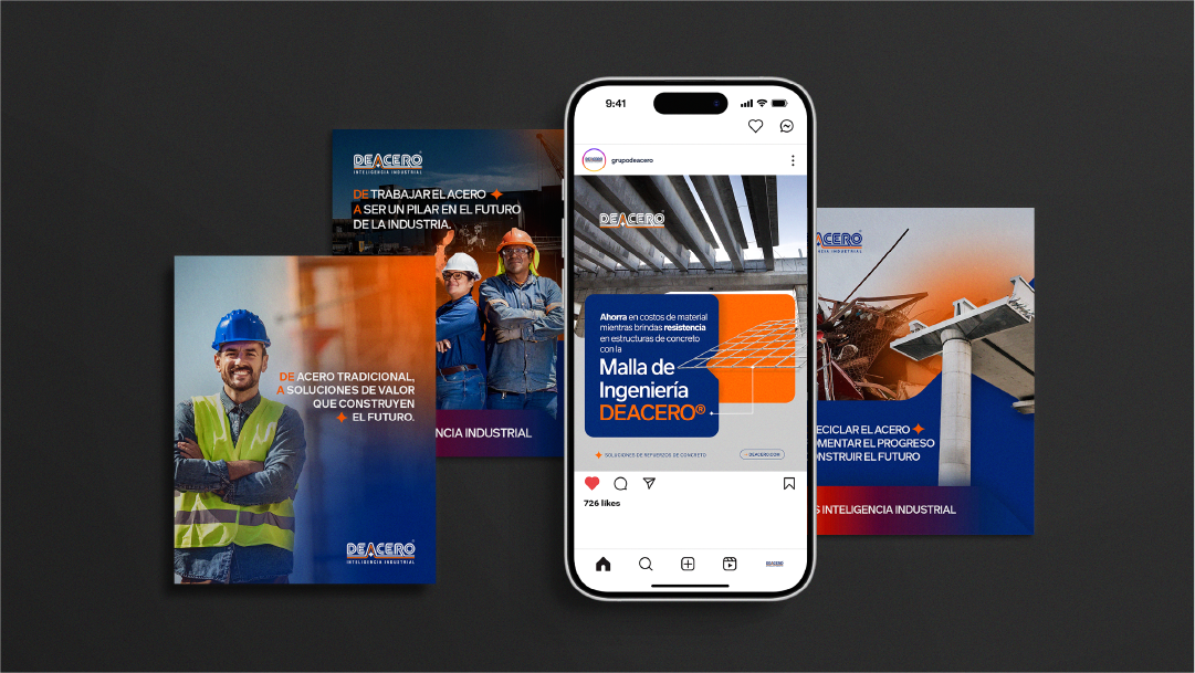Smartphone displaying an Instagram post about DEACERO engineering mesh with construction site background, flanked by three promotional posters featuring construction workers and industrial steel themes.