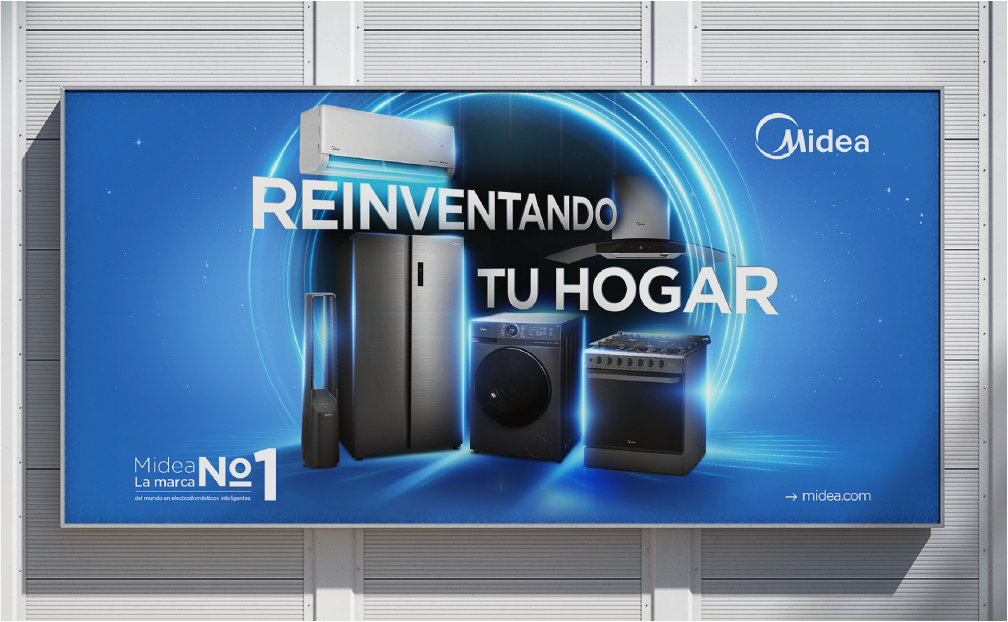 Billboard advertisement for Midea featuring home appliances including air conditioner, refrigerator, washing machine, air purifier, and stove against a blue background with glowing circular light effects and text 'Reinventando tu hogar'.
