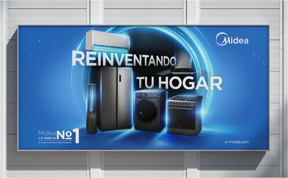 Billboard advertisement for Midea featuring home appliances including air conditioner, refrigerator, washing machine, air purifier, and stove against a blue background with glowing circular light effects and text 'Reinventando tu hogar'.