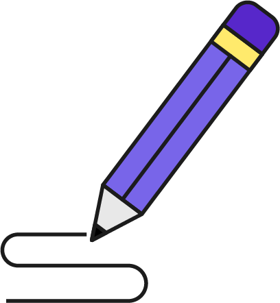 Illustration of a purple pencil drawing a black wavy line on a transparent background.