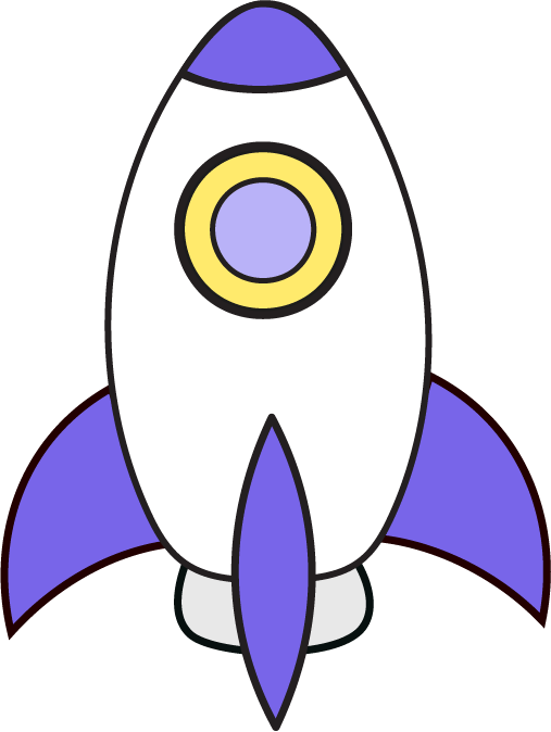 Cartoon rocket ship with white body, purple fins and nose cone, and a yellow and purple circular window.