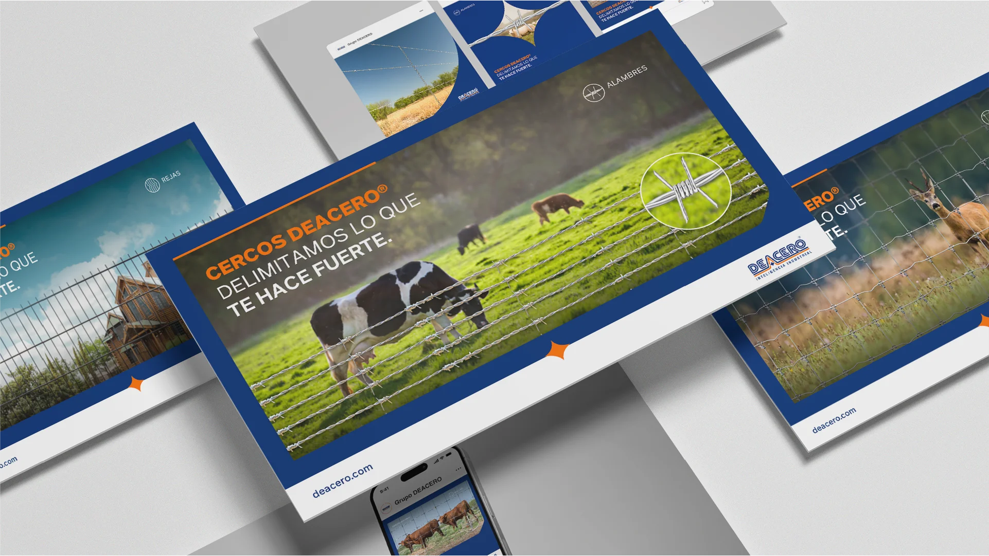 Promotional flyers for DEACERO barbed wire fences showing cows and deer behind fences with the text in Spanish emphasizing strong boundaries.