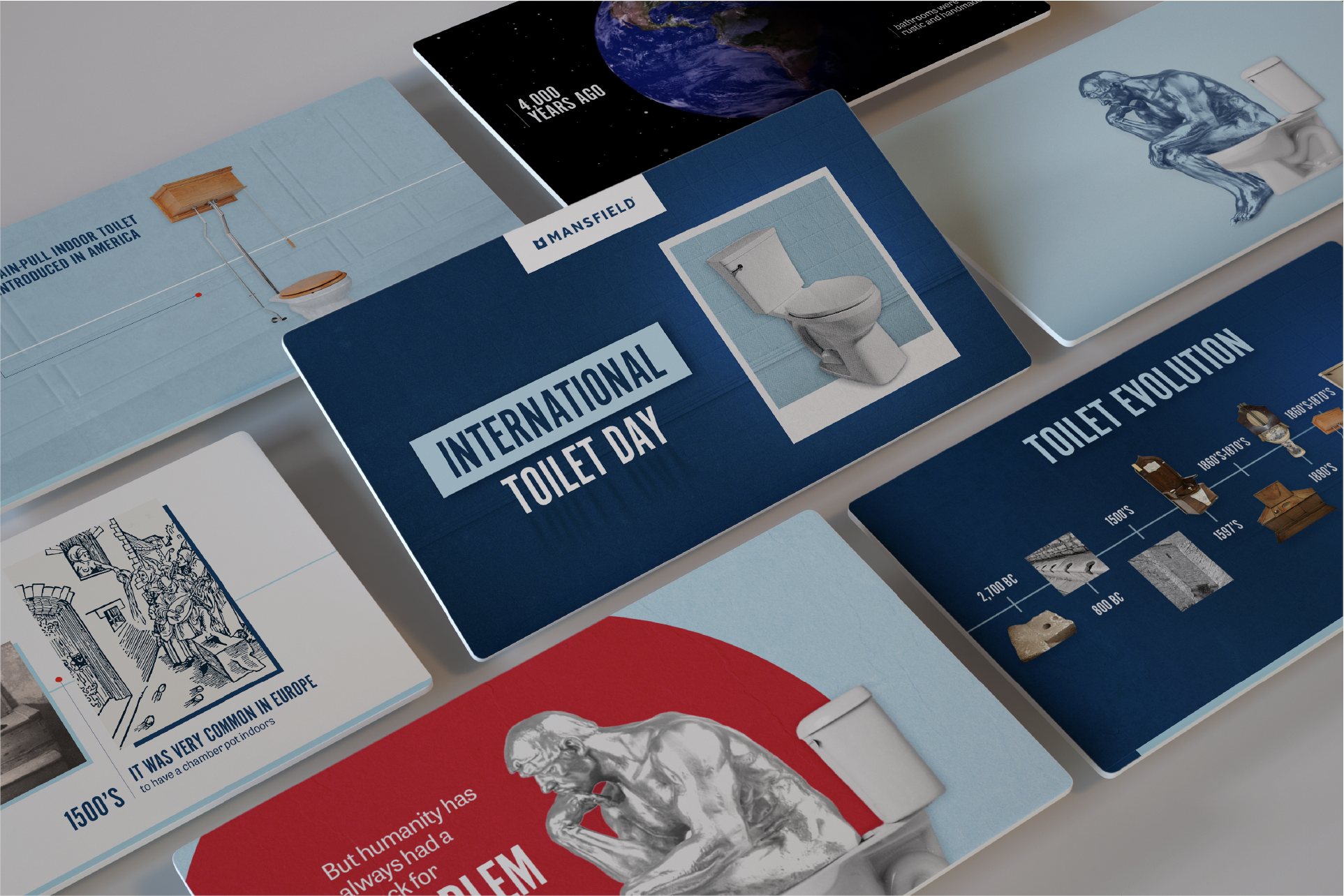 Collage of informational cards about toilet history and evolution, including images of toilets, a timeline from 2700 BC to 1800s, and a sketch of The Thinker statue seated on a toilet.