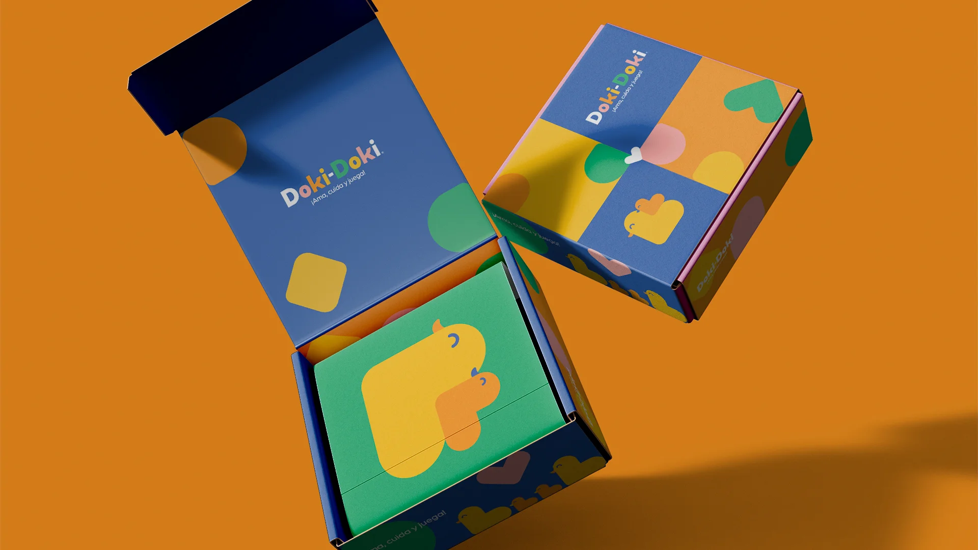 Colorful Doki Doki branded packaging boxes featuring yellow duck illustrations on green and blue backgrounds.