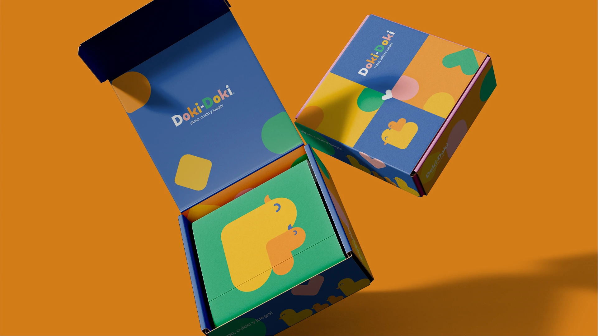 Two colorful Doki Doki branded boxes with playful shapes and yellow duck illustrations, one box open showing inner packaging.