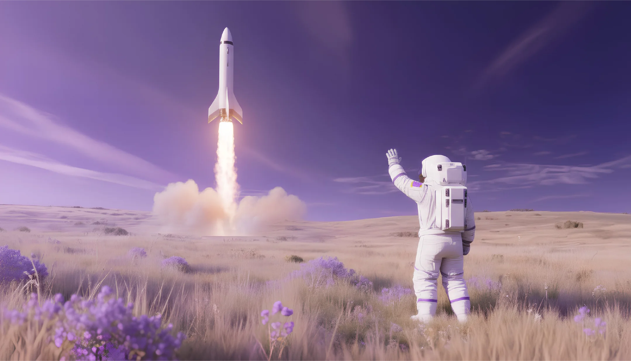 Background of an astronaut saying goodbye to his rocket 