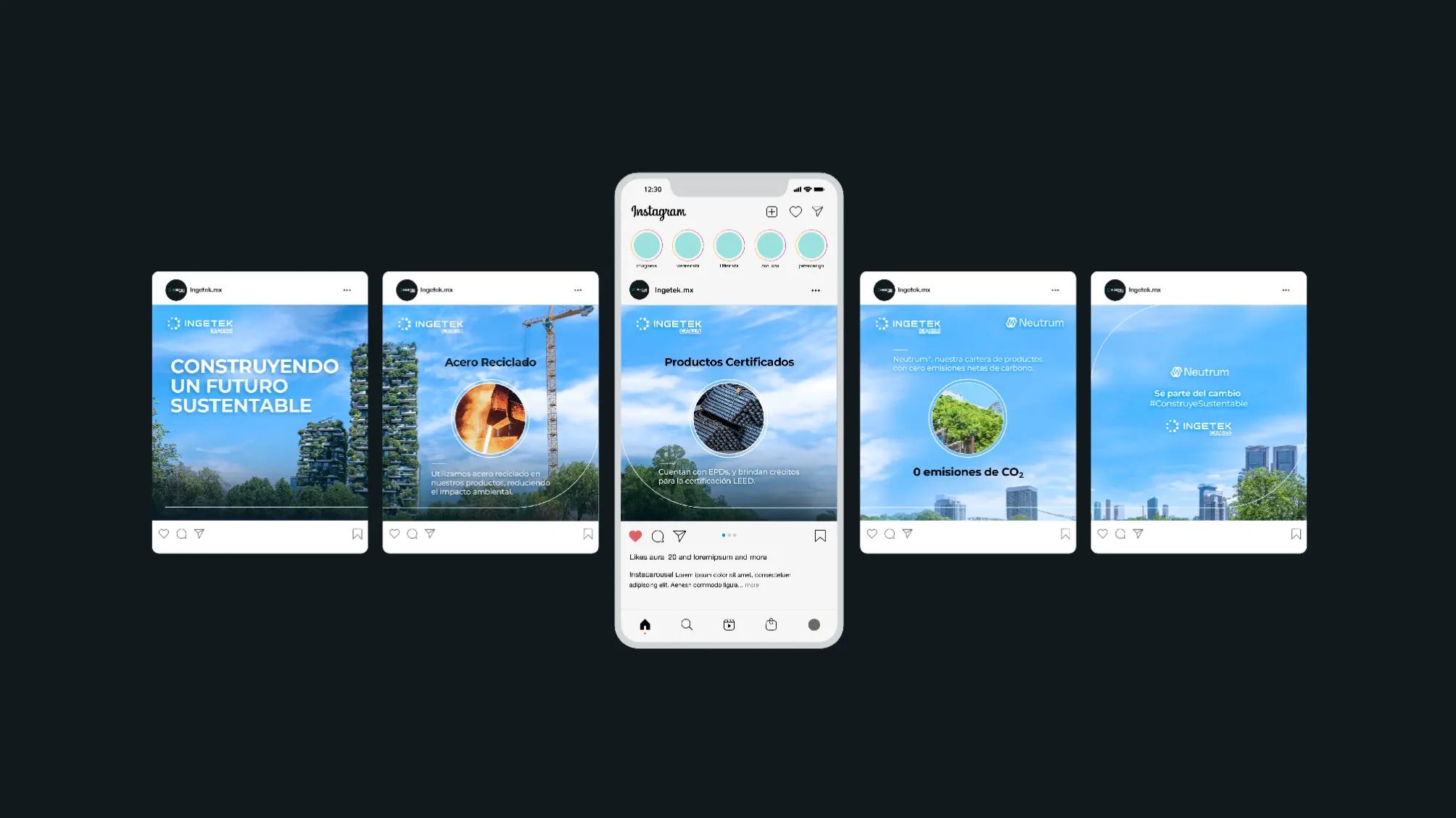 Smartphone showing a worker with a hard hat and four promotional cards featuring construction materials and crane imagery, branded with Mexlam logo.