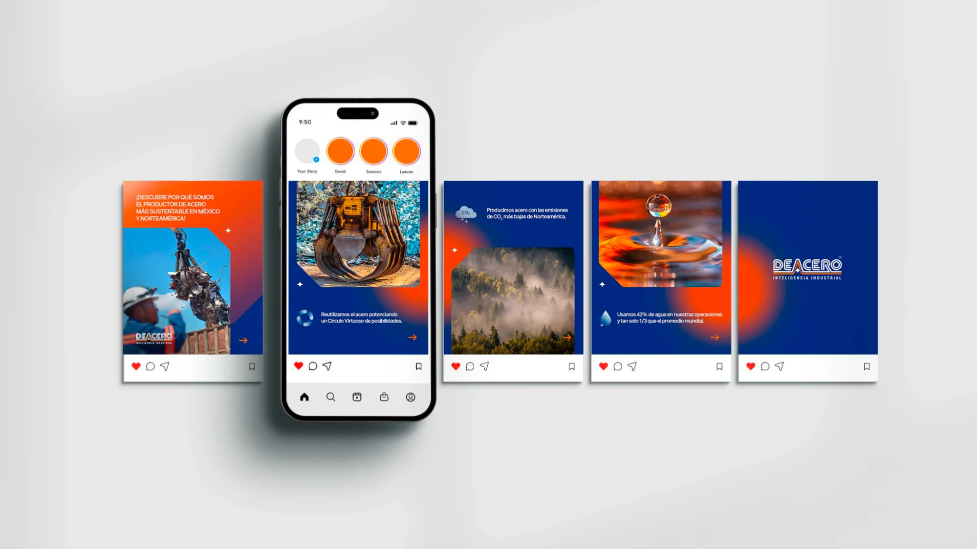 Collage of marketing posts for Ingetek.mx showing steel construction comparisons, solar park energy map of the USA, recycled steel material, automated steel pods at a worksite, and an apartment building facade.