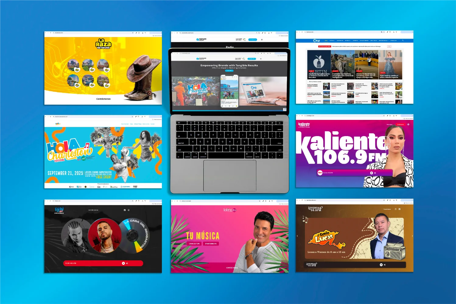 Real estate website layout for Valle Meret featuring a tall residential building, welcome message with family photos, tower features, floor plans, site map, subscription form, and contact information.