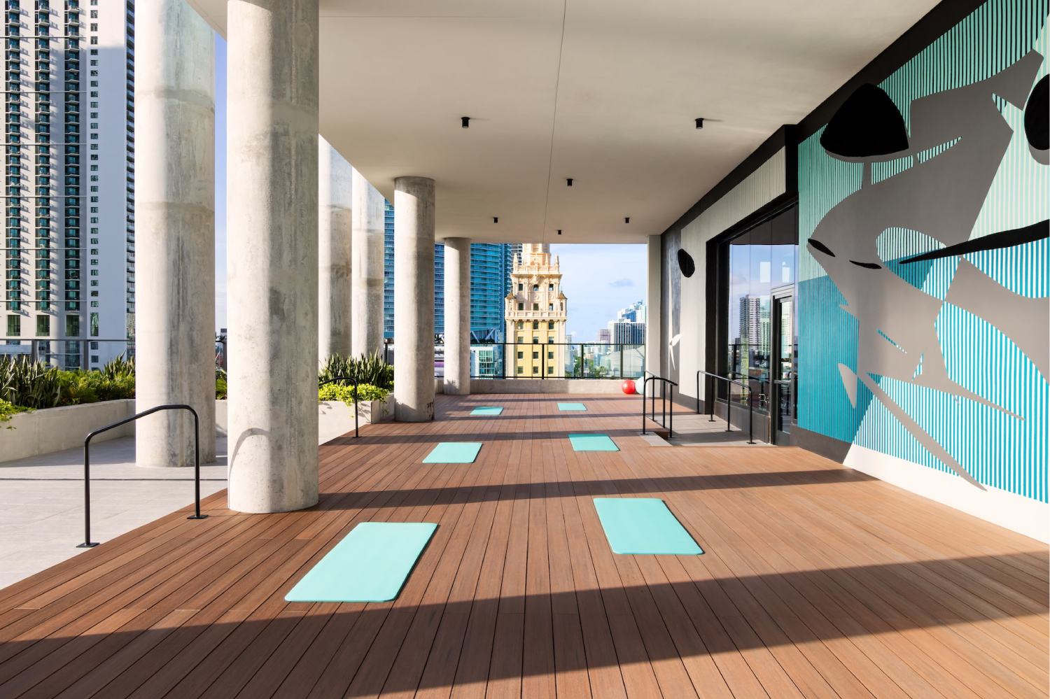 yoga mats laid out of roof top deck